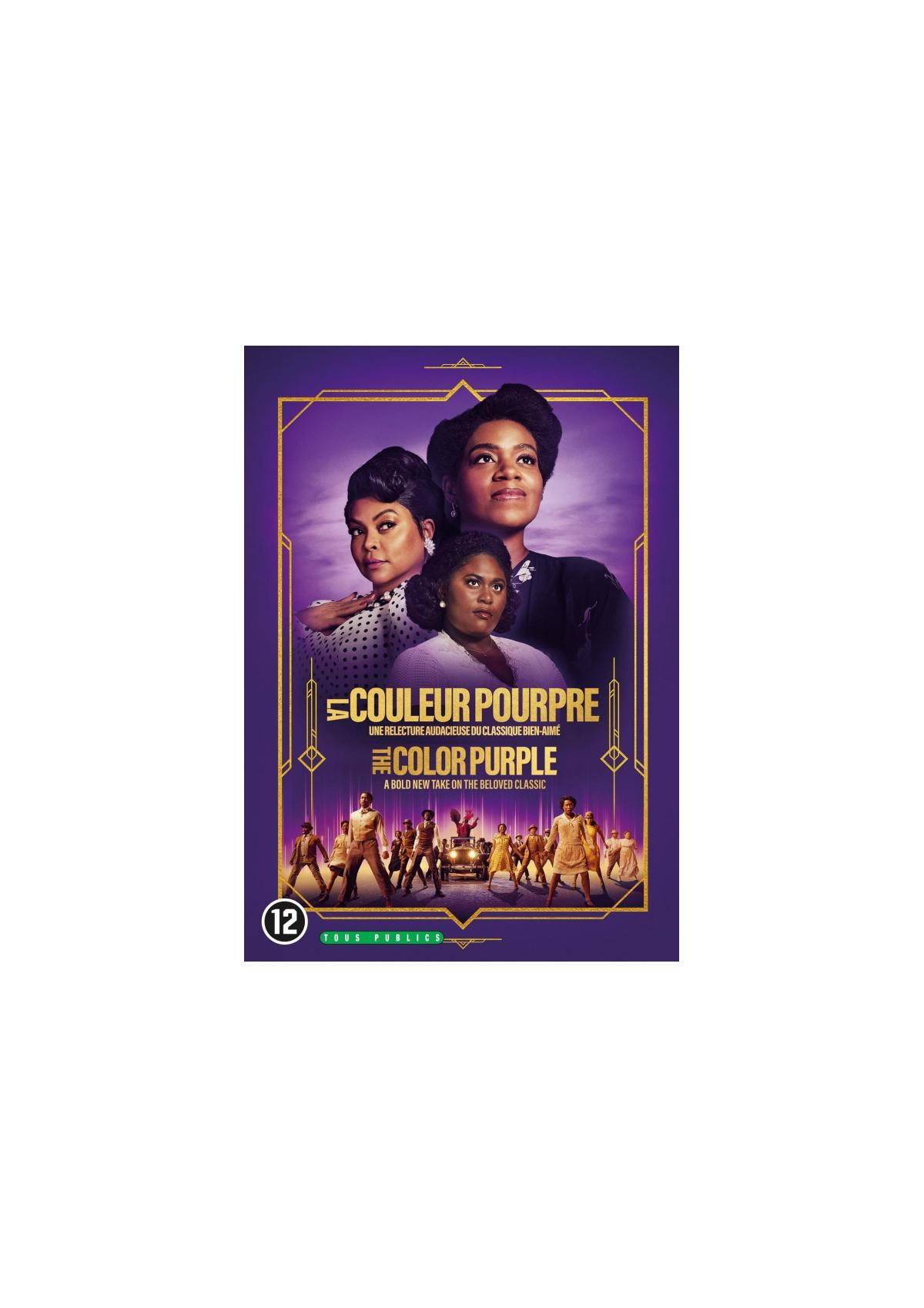 DVD-hoes met drie vrouwen vooraan. Titel: De Kleur Paars. Figuren van mensen op de achtergrond.