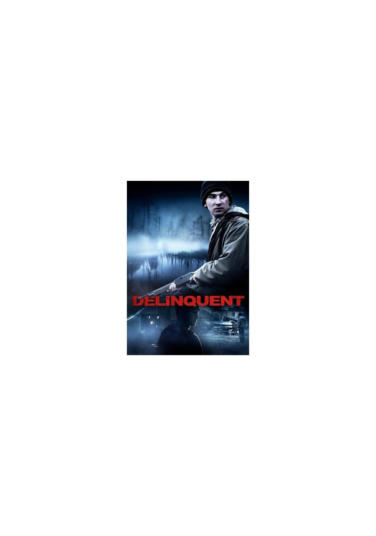 Filmposter: Een man met een hoed en een geweer in een bos met rode letters DELINQUENT.