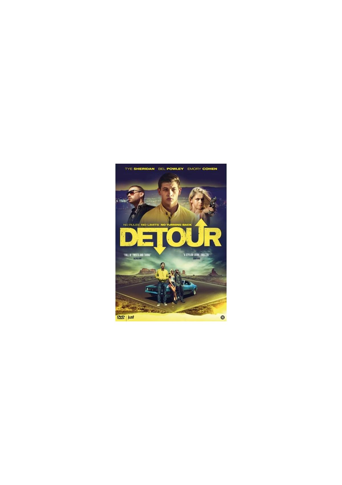 Affiche de film avec des gens en road trip, avec une voiture bleue et un arrière-plan désertique. Titre : DETOUR