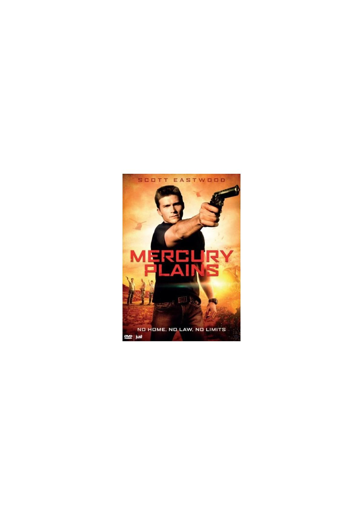 Filmposter met een man die een pistool richt, de titel 'Mercury Plains'.