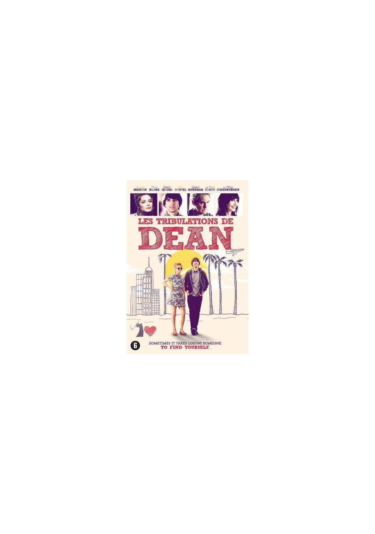 Filmposter: Koppel staat, titel 'Les Tribulations de Dean', tekening van gebouwen en palmbomen.