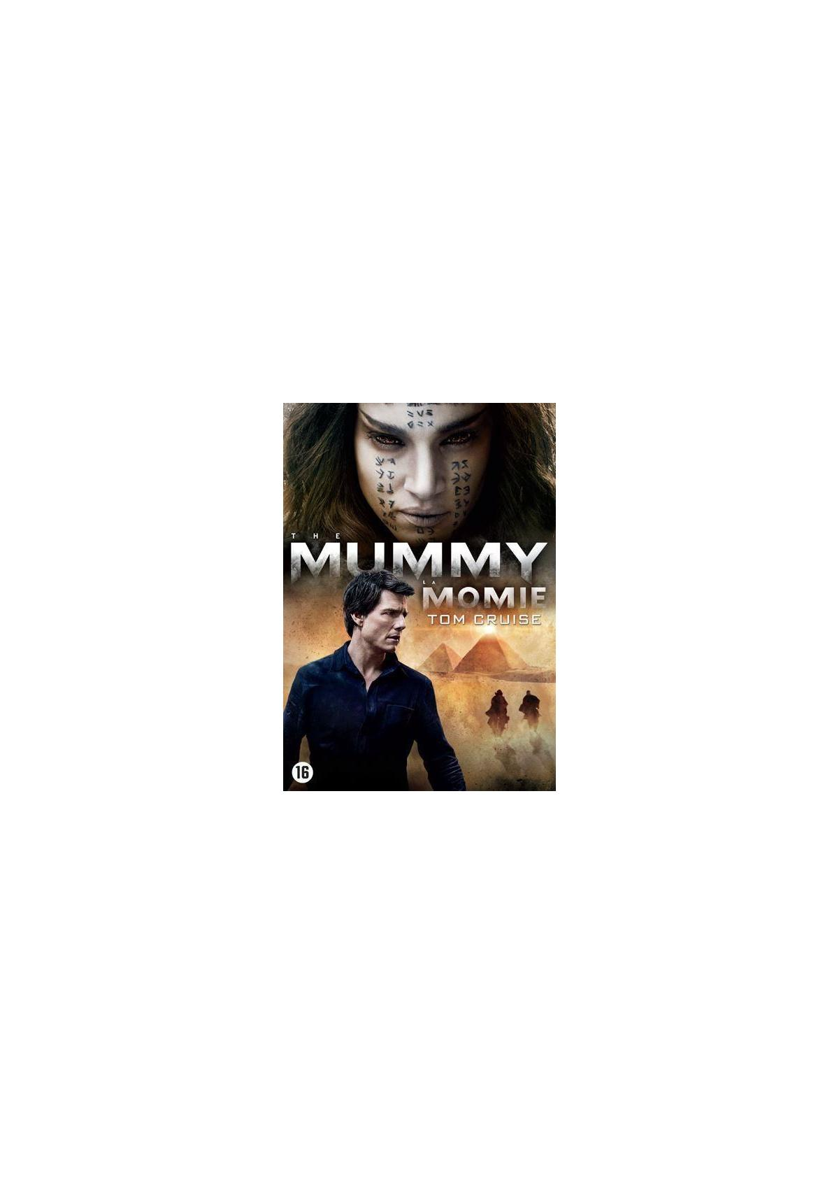 Affiche de film : Visage de femme avec du texte, Tom Cruise en dessous. Texte : The Mummy.