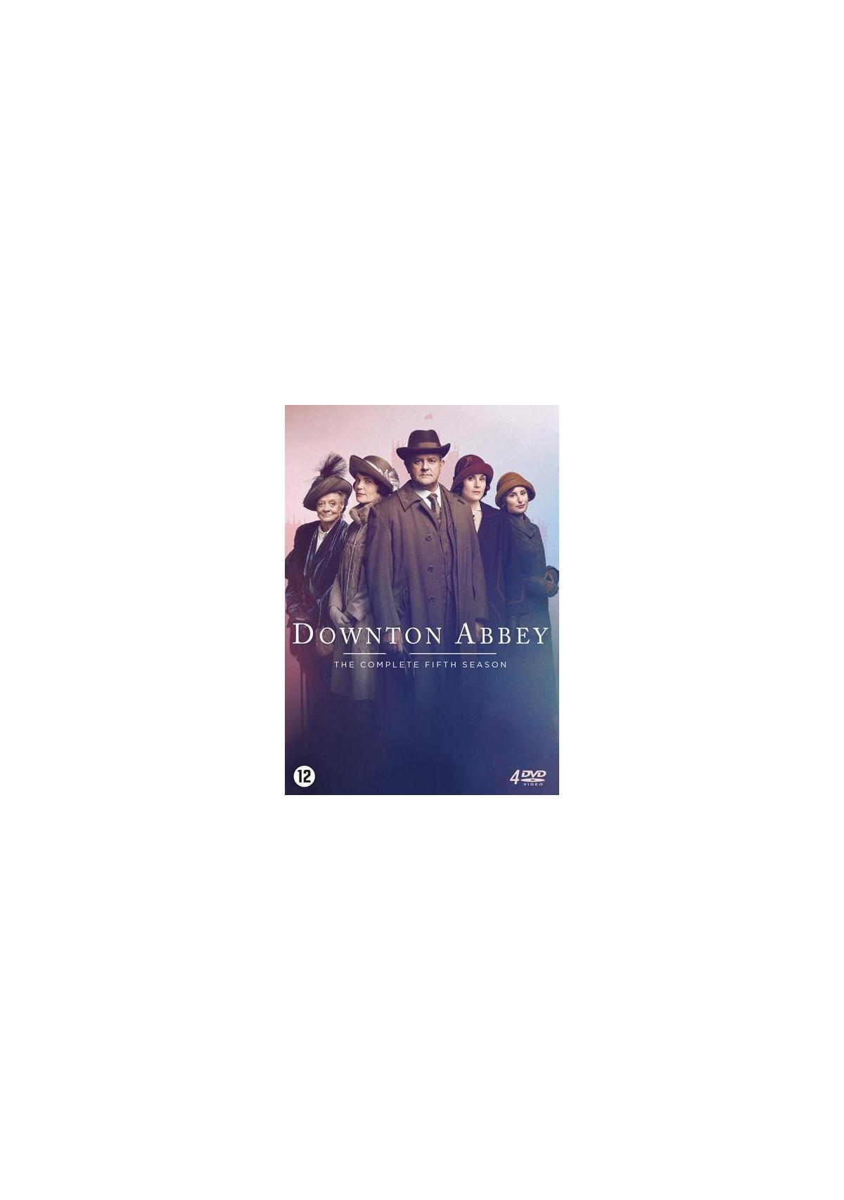 Couverture du DVD de Downton Abbey. Groupe de personnes en tenue vintage, titre et texte sur fond blanc.