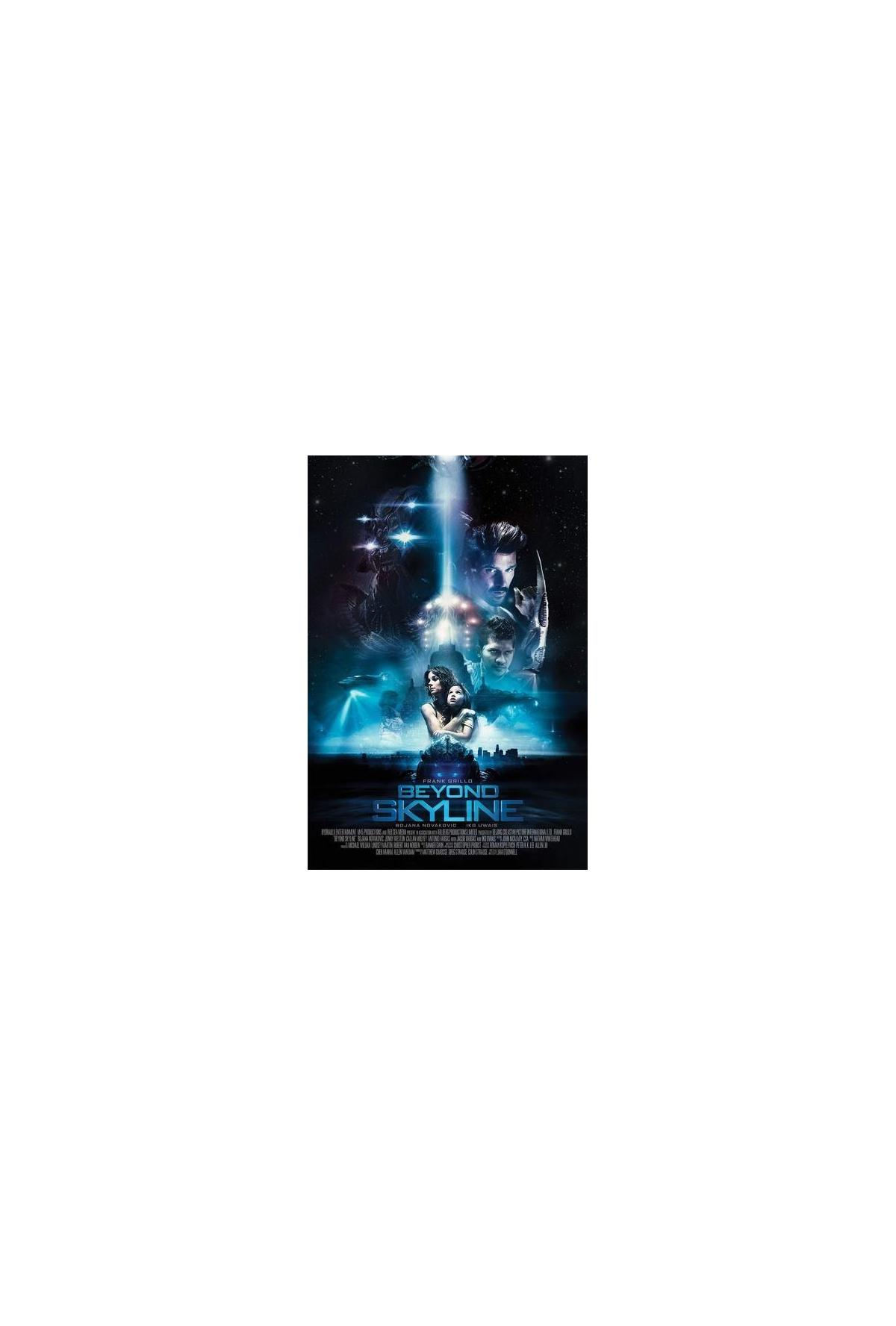 DVD-hoes voor 'Beyond Skyline'. Mensen worden getoond met een skyline op de achtergrond.