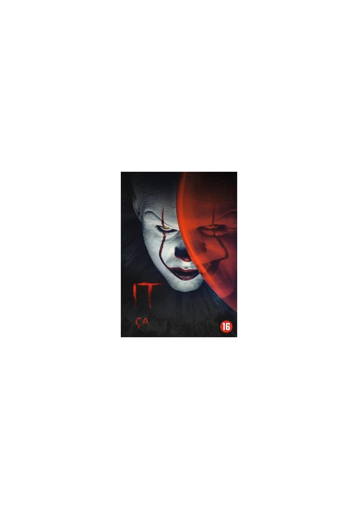 It-filmcover. Gezicht van een clown met rode ballon. Titel: It. Leeftijd: 16.