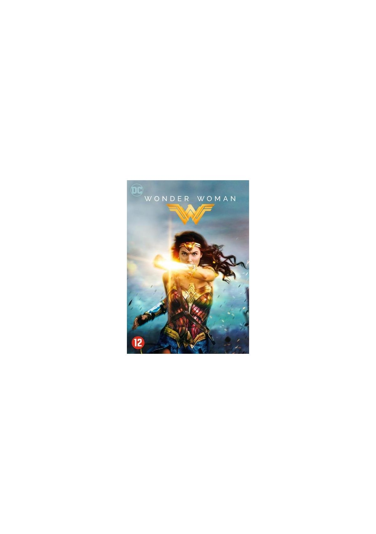 Affiche du film Wonder Woman. Une femme en armure, tenant une arme, avec du texte au-dessus.