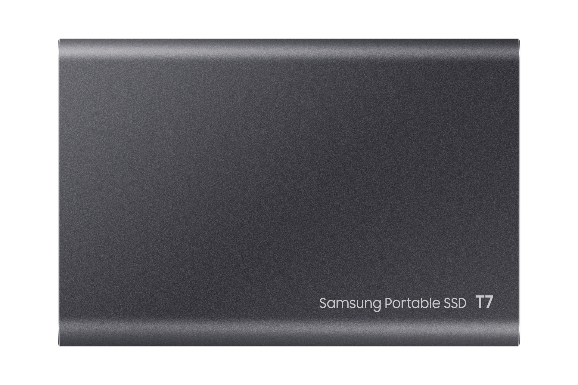 Dunkelgraue, tragbare Samsung SSD. Text 'Samsung Portable SSD T7' sichtbar.