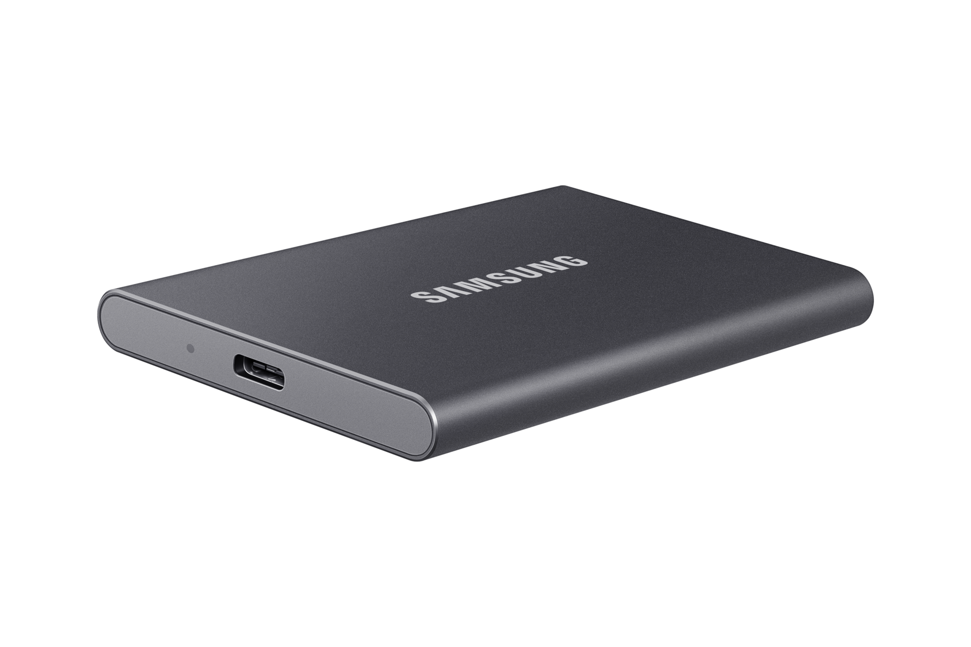 Dunkelgraue tragbare Samsung SSD auf schwarzem Hintergrund.