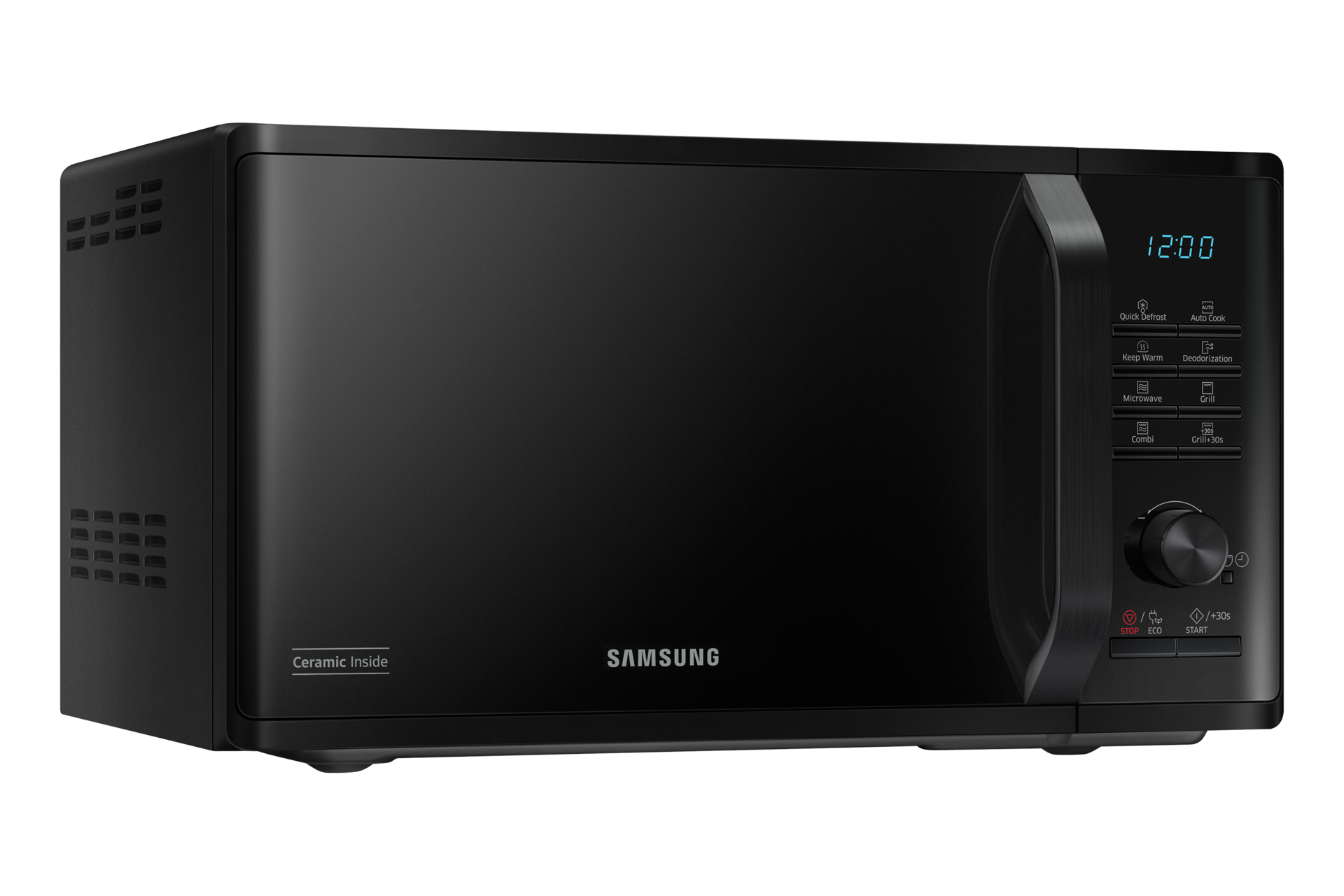 Czarna kuchenka mikrofalowa Samsung. Posiada zegar cyfrowy, panel sterowania i uchwyt z prawej strony.