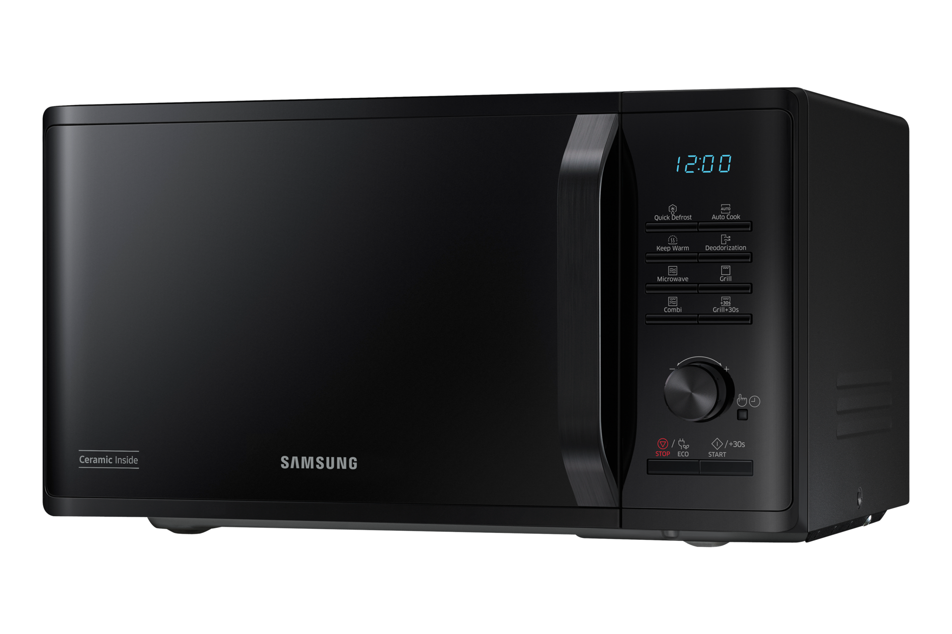 Czarna kuchenka mikrofalowa z panelem sterowania i przyciskami.