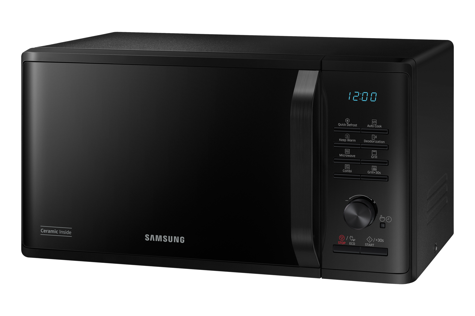 Czarny piekarnik mikrofalowy z wyświetlaczem cyfrowym i przyciskami.