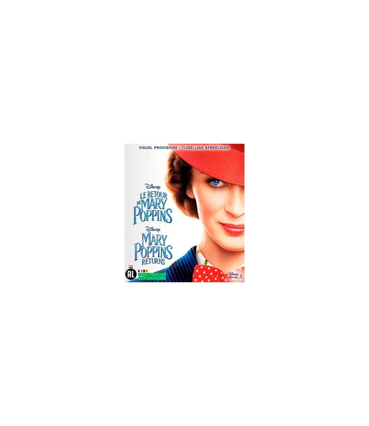 Jaquette de DVD de Mary Poppins Returns avec une femme portant un chapeau rouge. Le titre est en haut.