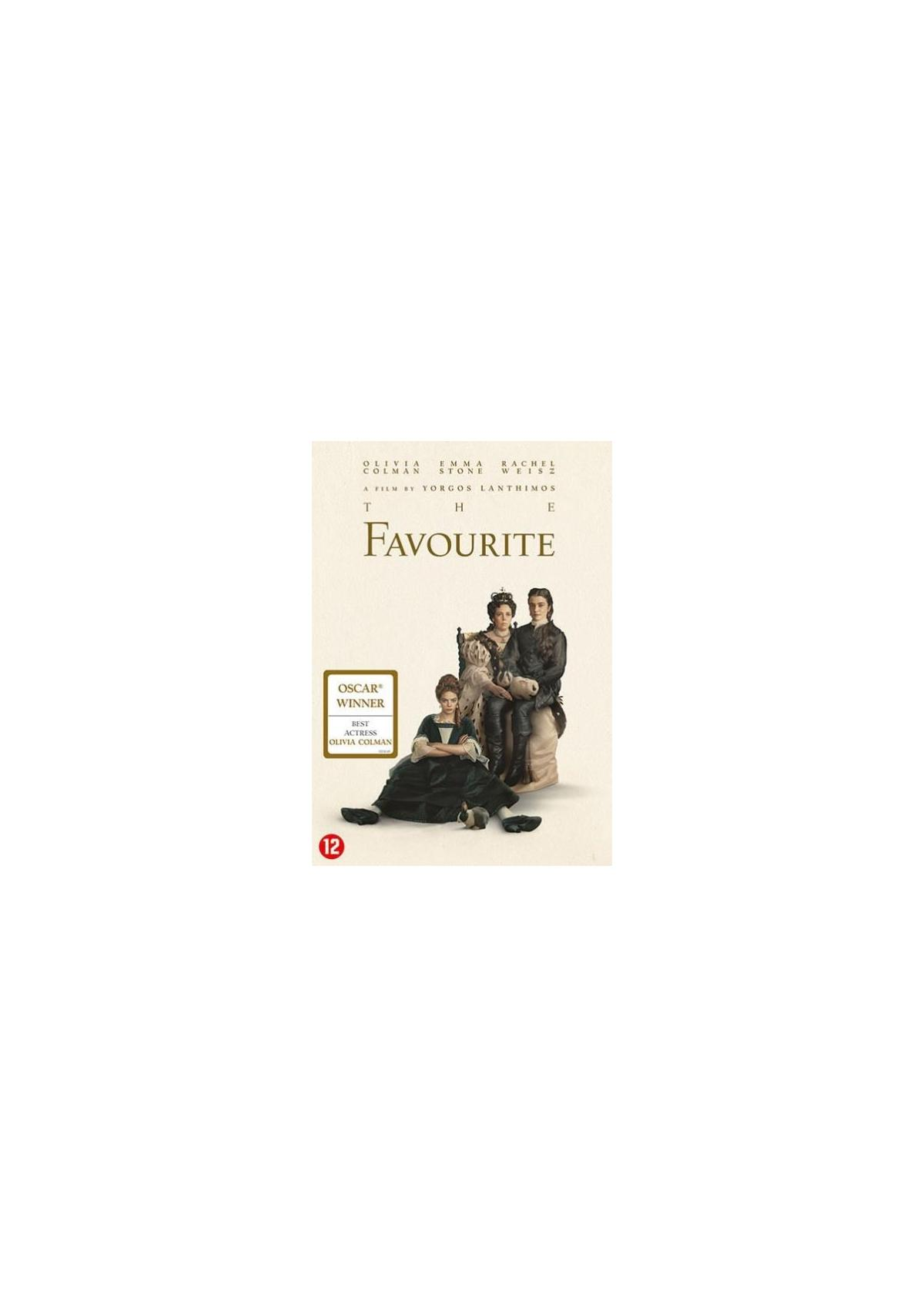 Affiche du film The Favourite, avec trois femmes en costumes d'époque. Le titre est sur l'affiche.