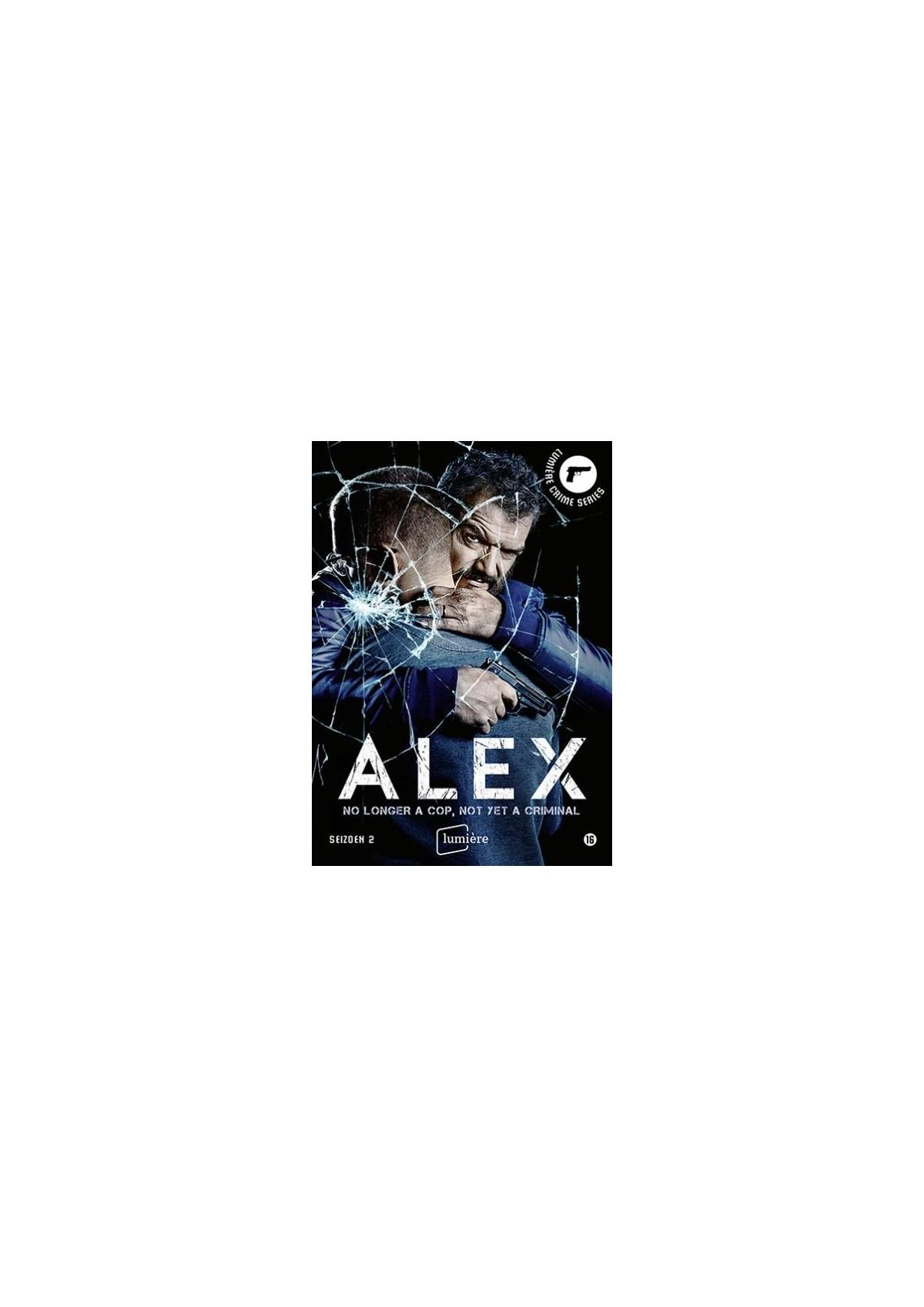 Jaquette DVD : deux hommes, un avec arme, titre 'Alex', entourés d'un effet de verre brisé.