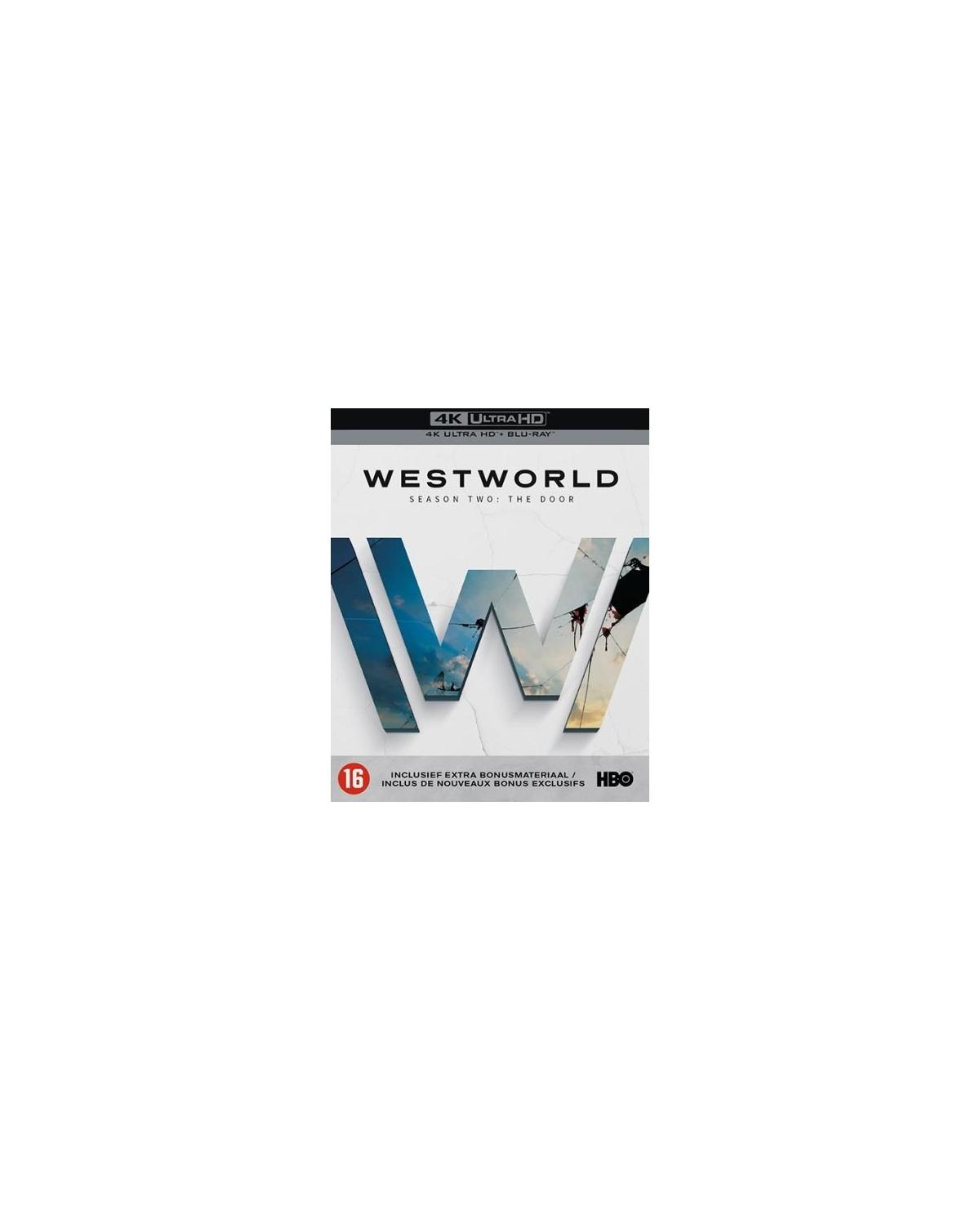 Westworld Seizoen 2 dvd-hoes. De letter W, een logo en tekst op een zwarte achtergrond.