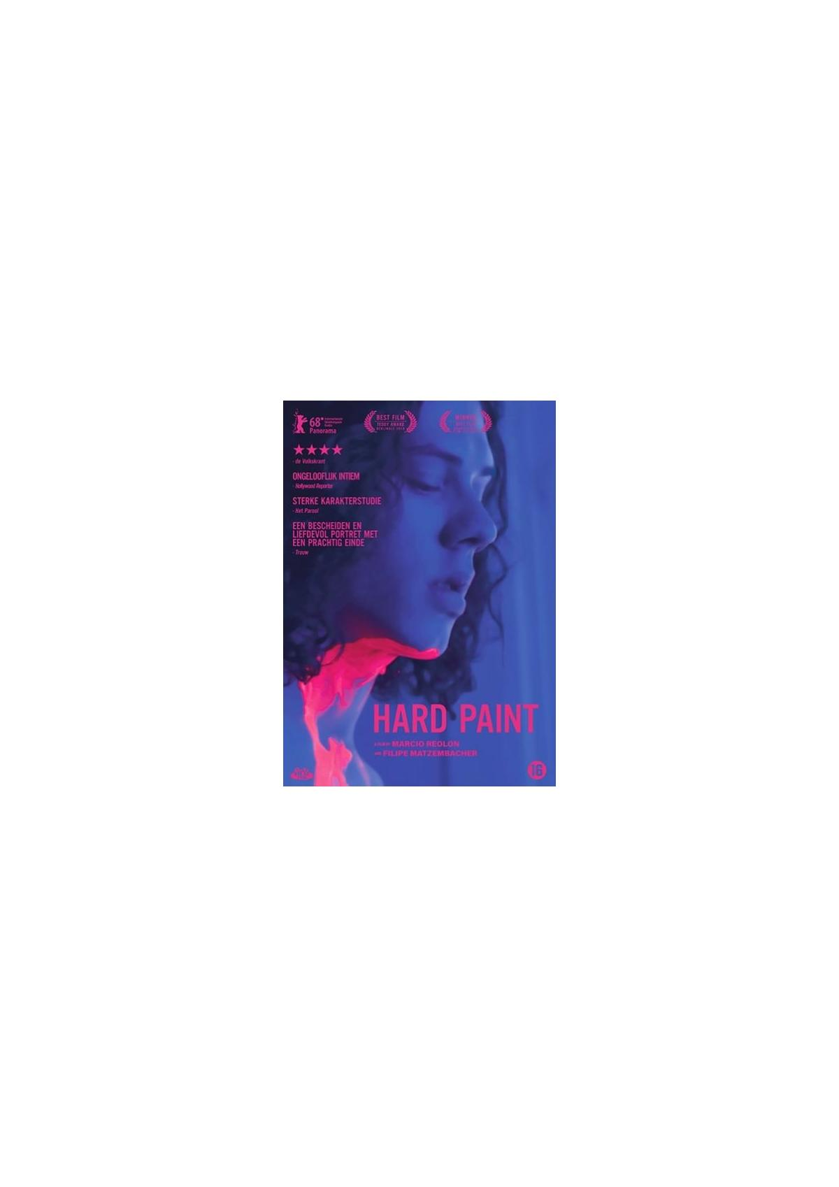 Affiche du film 'Hard Paint'. Le visage d'une personne, avec des lumières roses et bleues vives.