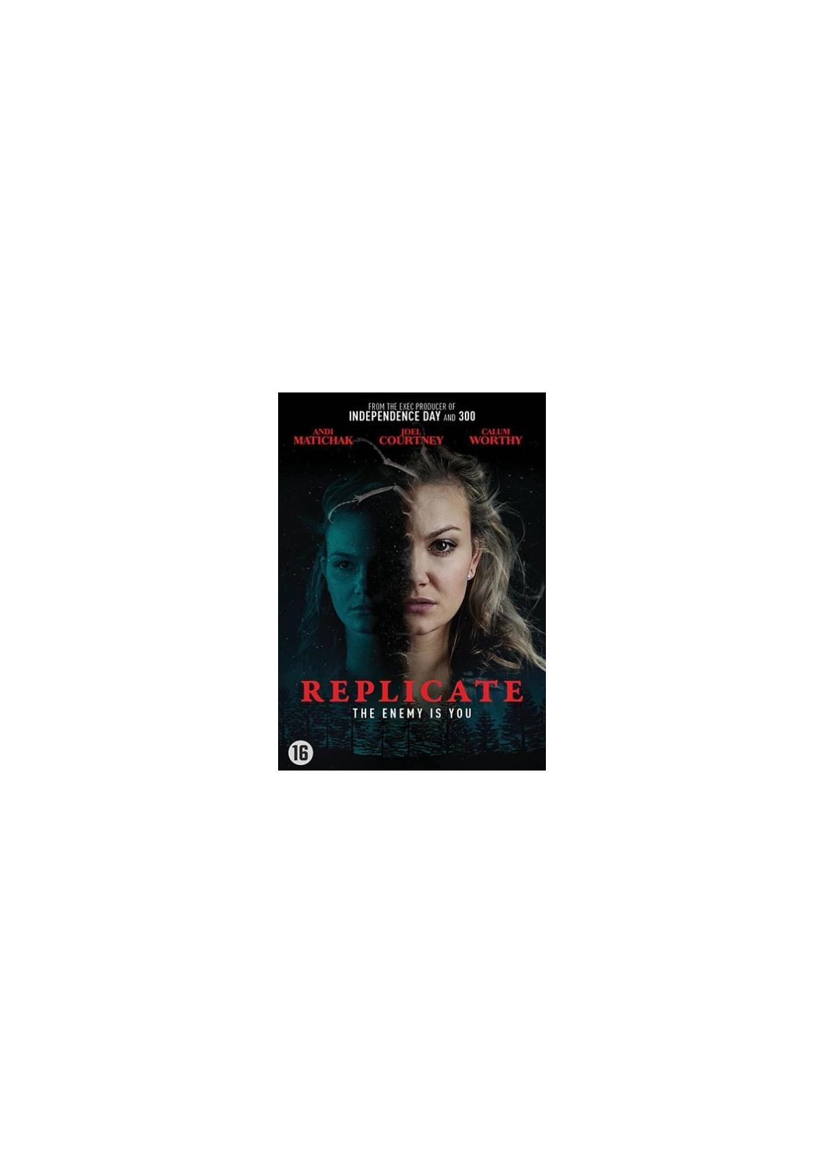 Couverture du film Replicate. Visage de femme divisé. Titre : Replicate. The enemy is you. Classé 16.