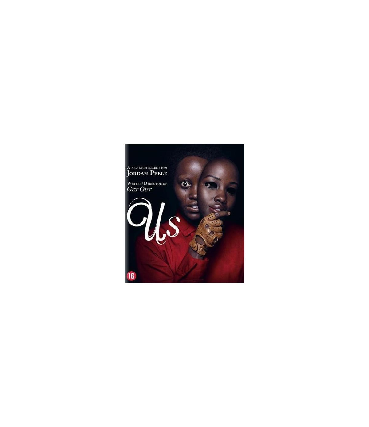 Affiche : Deux visages. Titre 'Us'. Main gantée devant un visage.