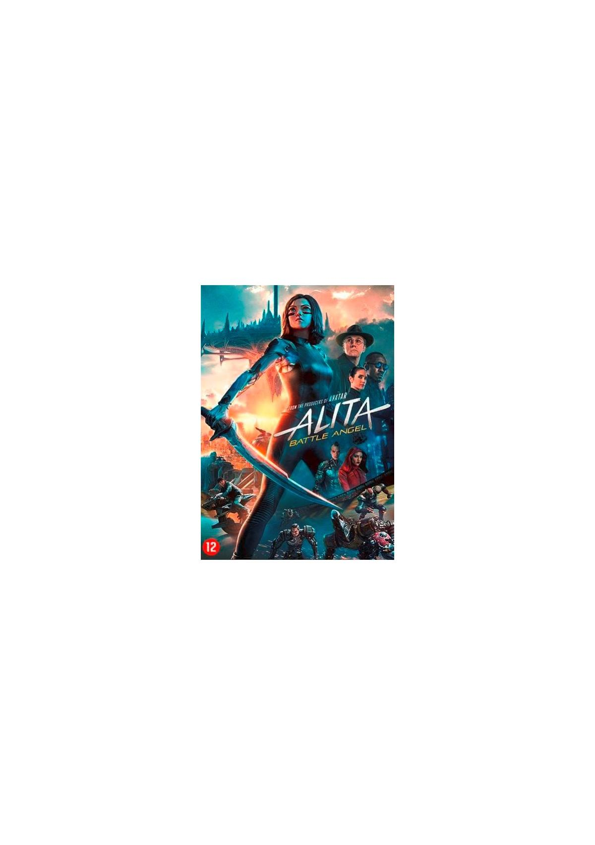 Couverture du film 'Alita: Battle Angel'. Une femme avec une épée. D'autres personnages et une ville futuriste.