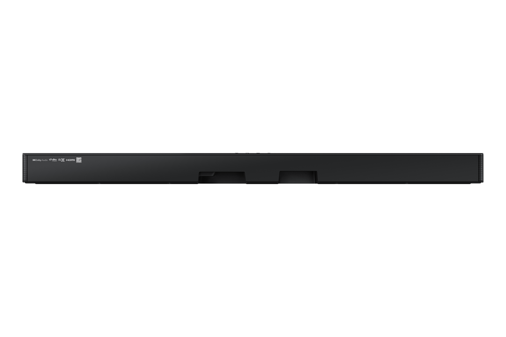 Schwarze Soundbar auf schwarzem Hintergrund. Text auf der linken Seite.