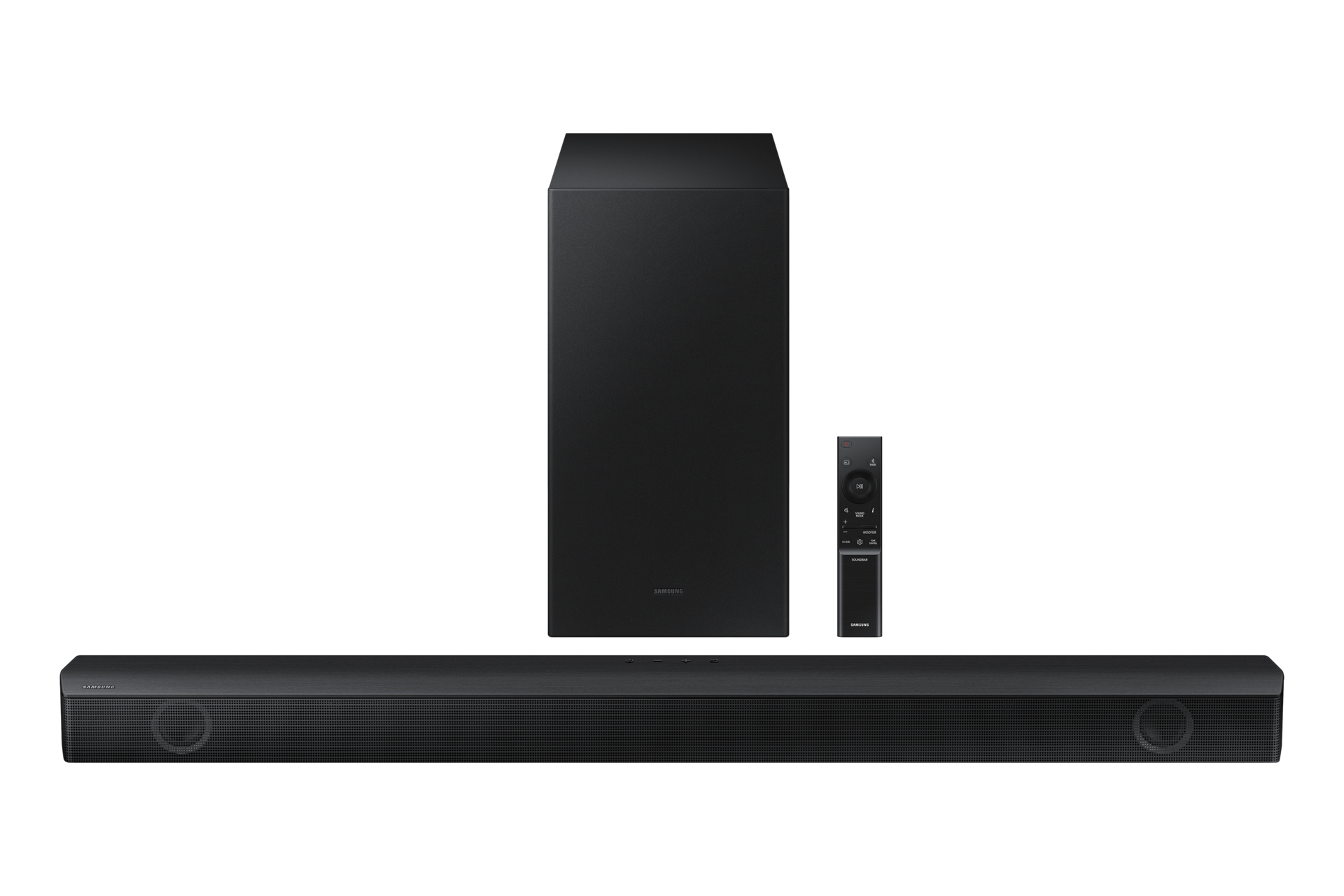 Eine schwarze Soundbar mit Subwoofer und Fernbedienung, alles vor schwarzem Hintergrund.