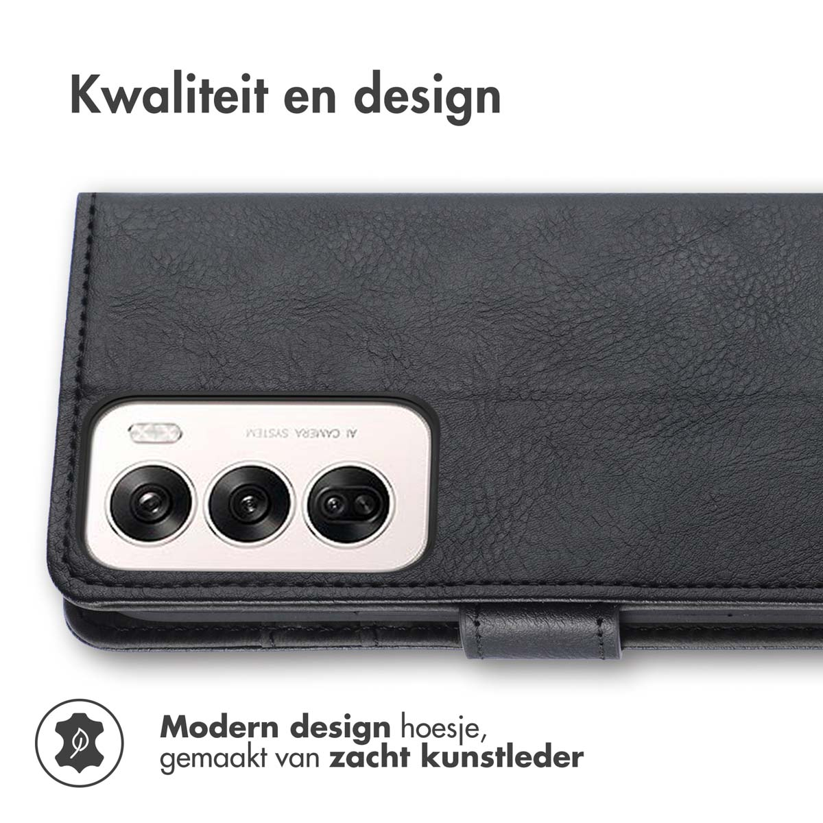 Zwarte telefoonhoes met drie camera's en magnetische sluiting.