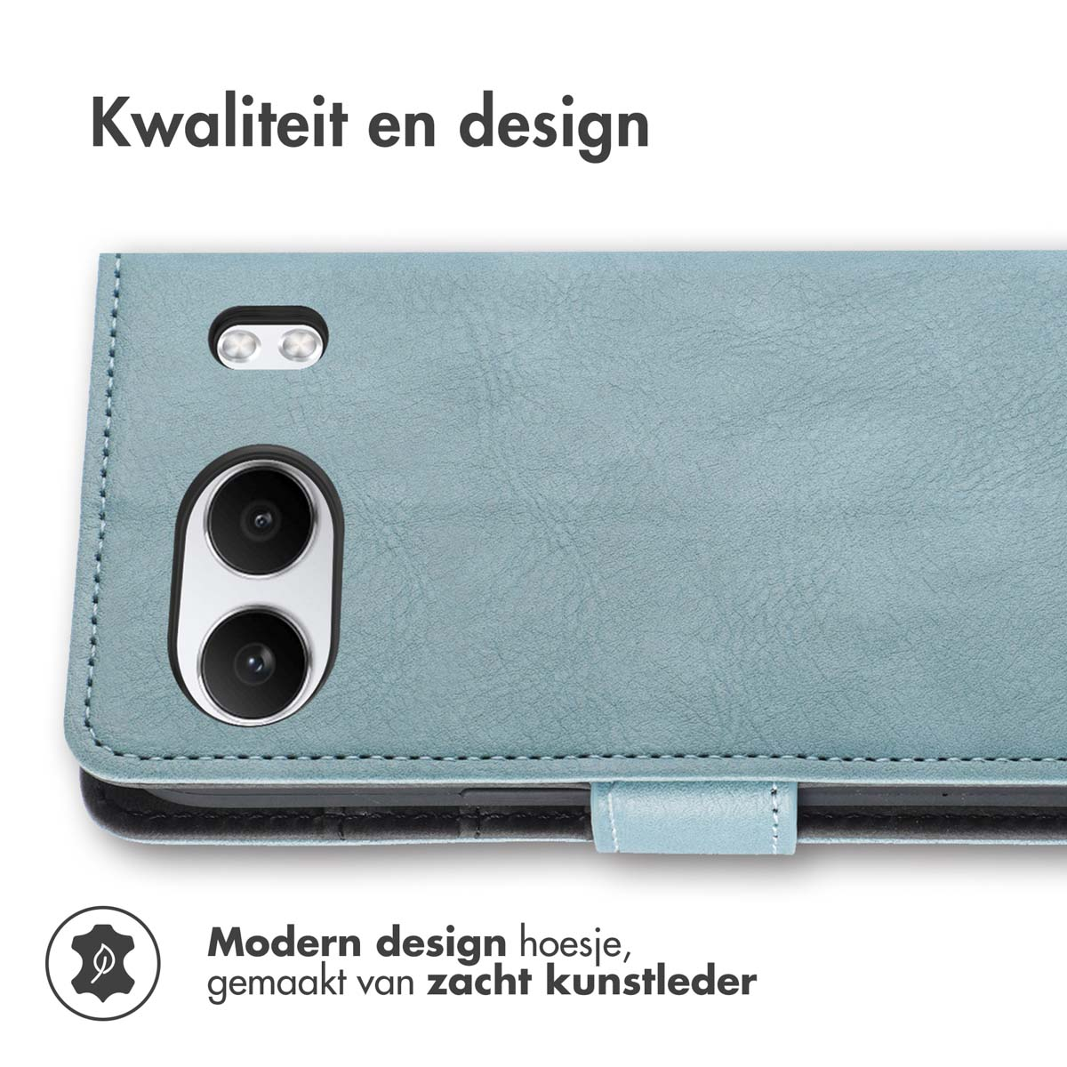 Primo piano di una custodia per telefono color verde acqua con trama in pelle.