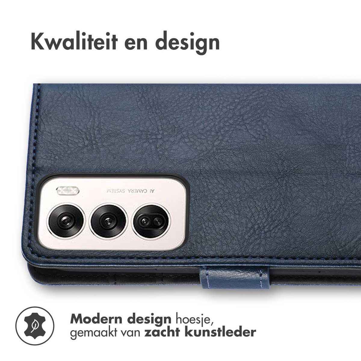 Close-up van een blauwe leren telefoonhoes met camera-uitsparing en blauwe lipje.