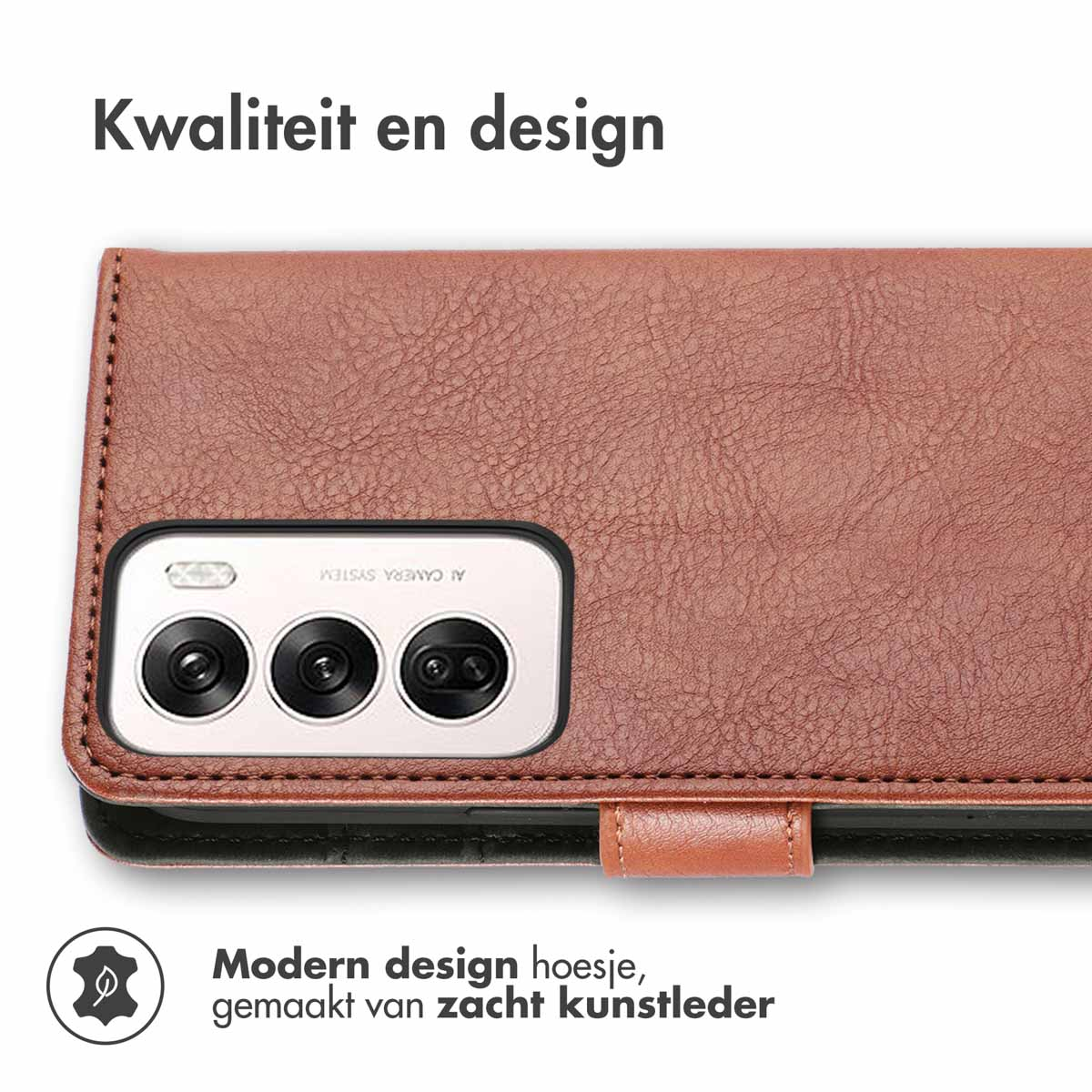 Een close-up van een bruine telefoonhoes met een camera-uitsparing en een leren bandje.