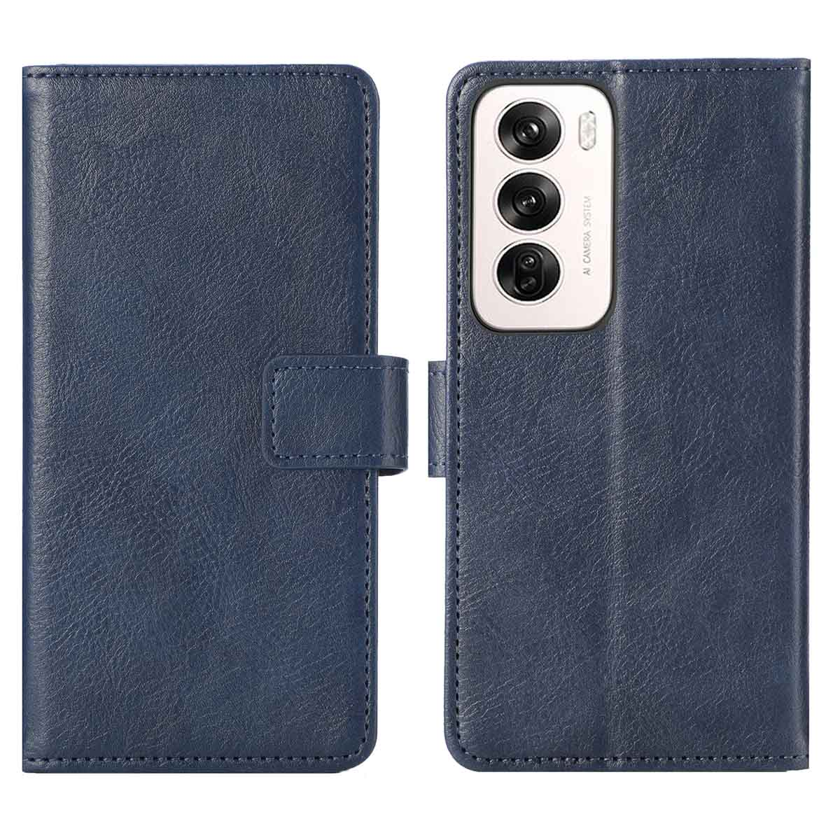 Blauwe telefoonhoes, open en dicht, met kaartsleuven en camera.