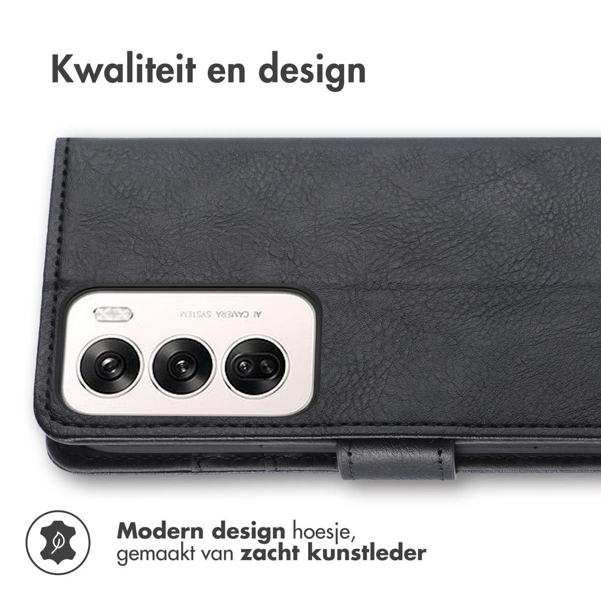 Zwarte telefoonhoes met camera-uitsparingen en een leerachtige textuur.