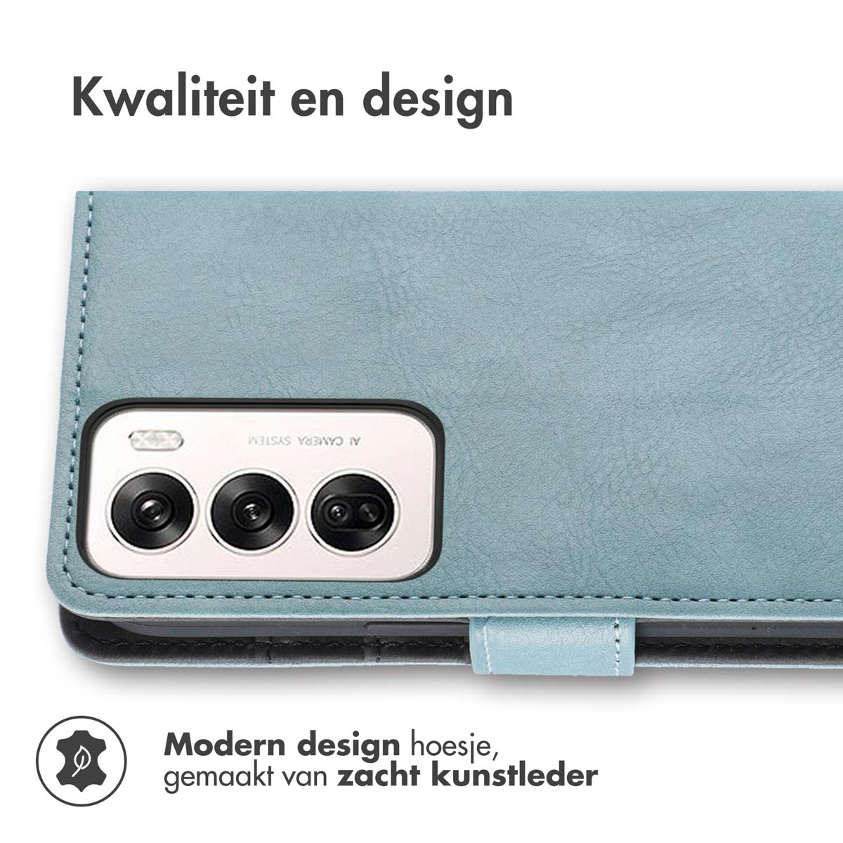 Close-up van een blauwe telefoonhoes met drie cameralenzen. Modern design van zacht leer.