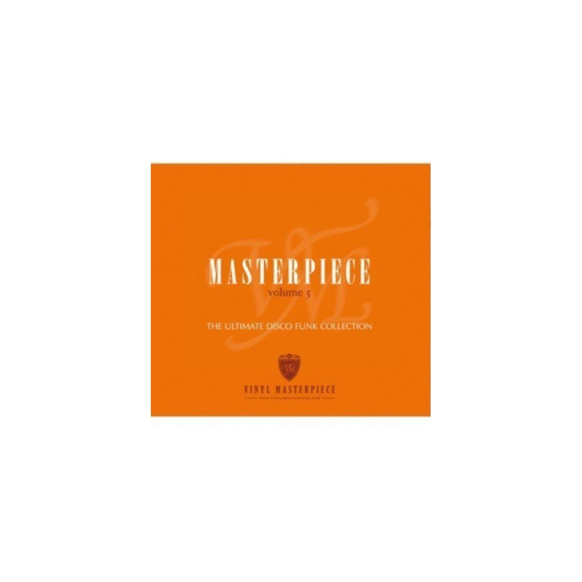 Albumhoes: 'Masterpiece Volume 5', witte tekst op een oranje achtergrond met een logo.