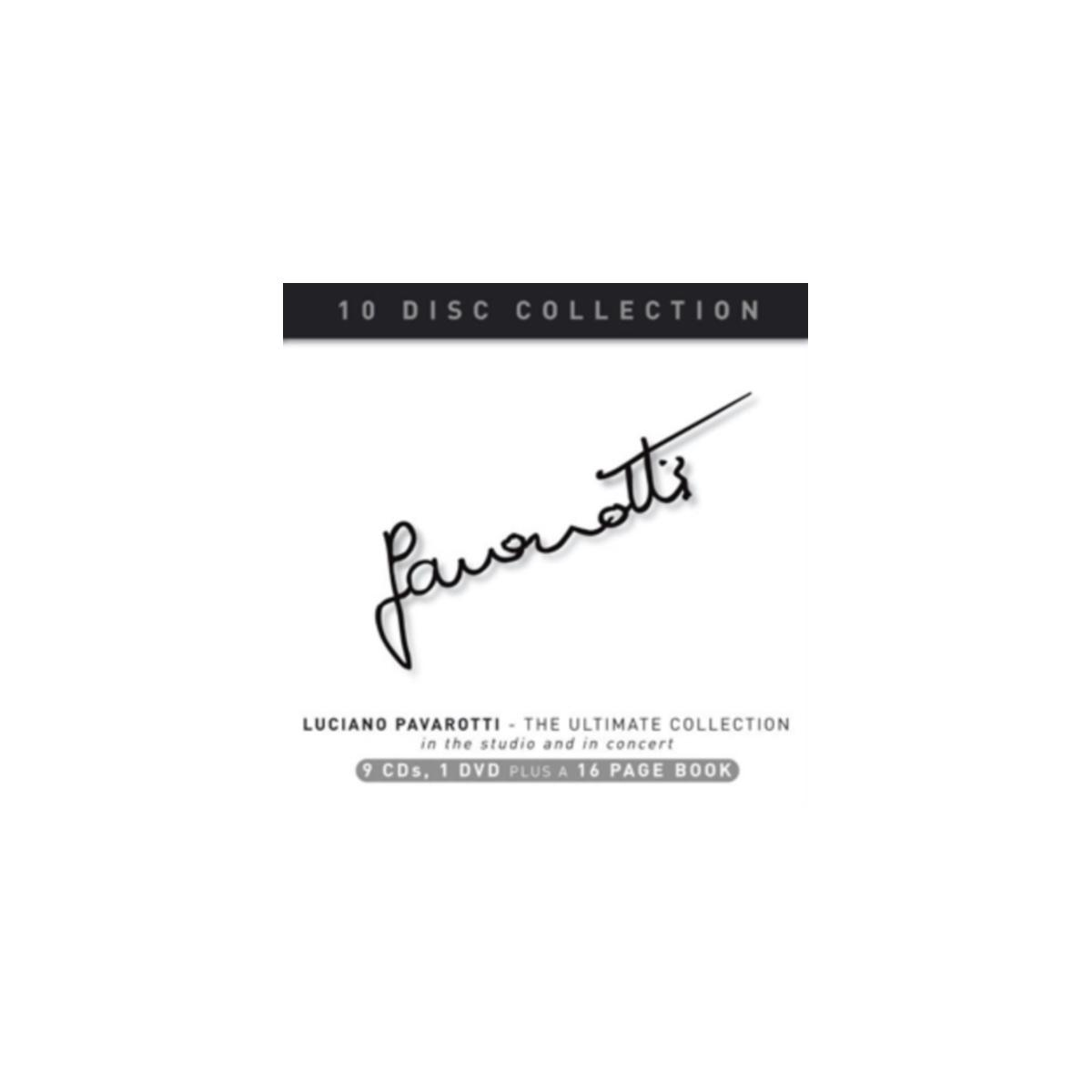 CD-hoes: Tekst: Luciano Pavarotti. The Ultimate Collection. Een handtekening.