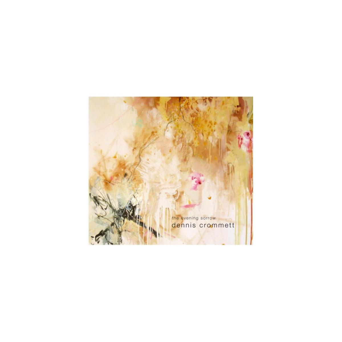Peinture abstraite avec des couleurs blanches, jaunes et roses, avec les mots 'the evening sorrow'.