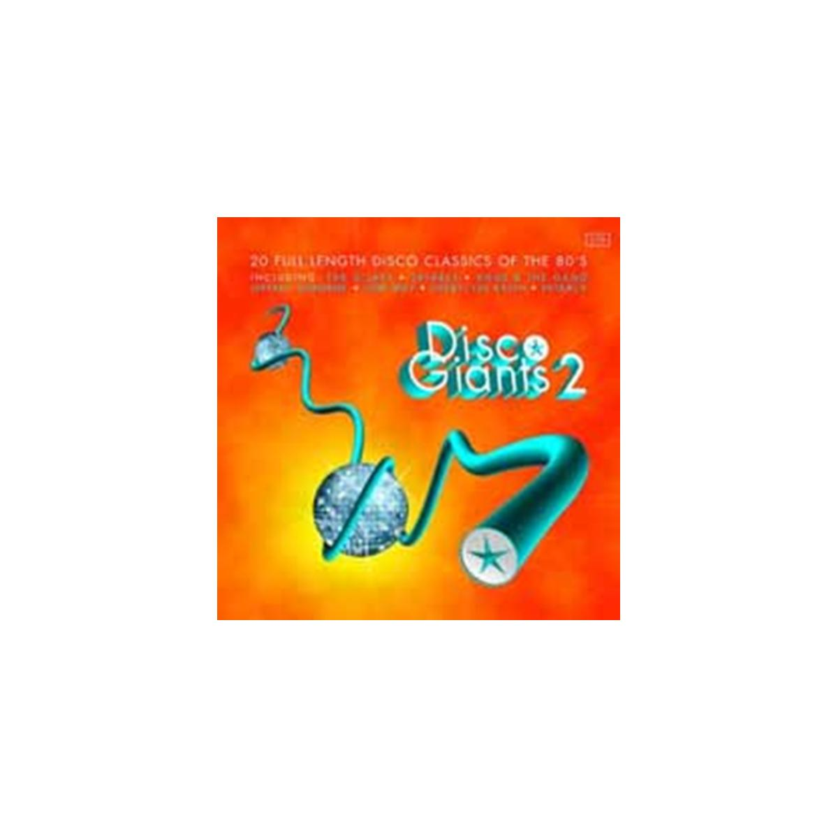 Albumhoes met een discobal en een blauwe en groene muzieknoot, met de woorden Disco Giants 2.
