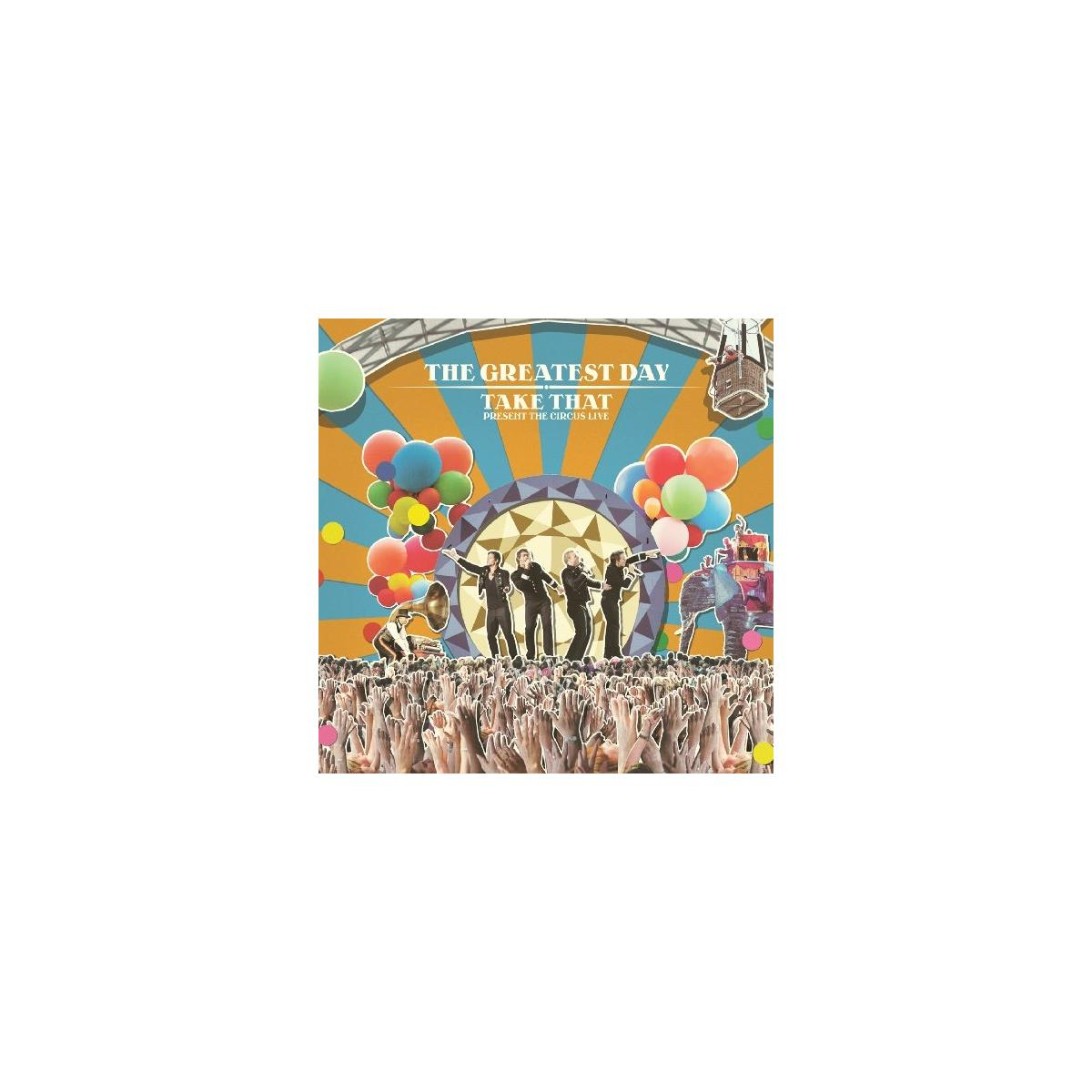 Pochette d'album de Take That, avec le groupe, le public et des ballons colorés.