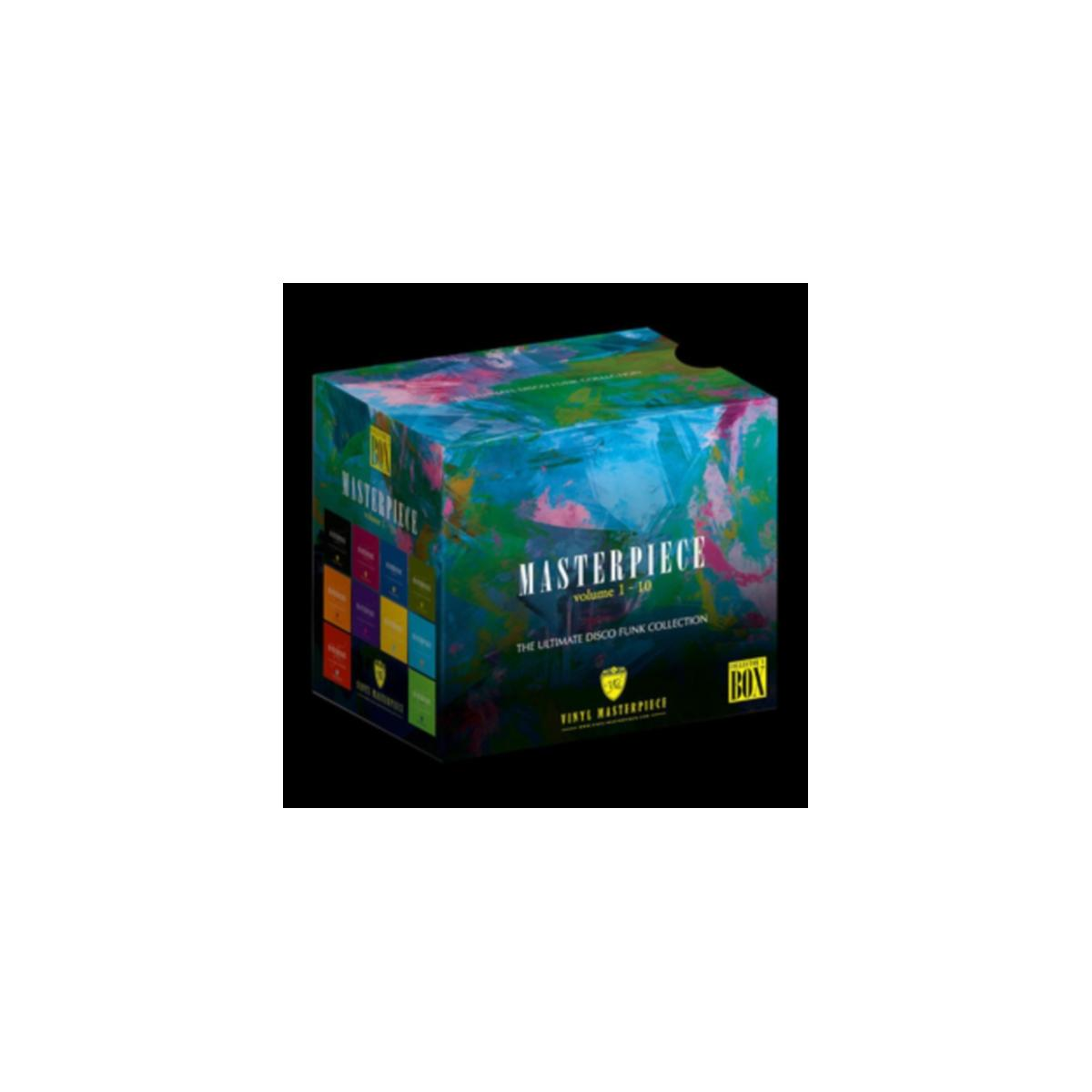 Boxset met een kleurrijk design. De titel is 'Masterpiece: The Ultimate Disco Funk Collection'.