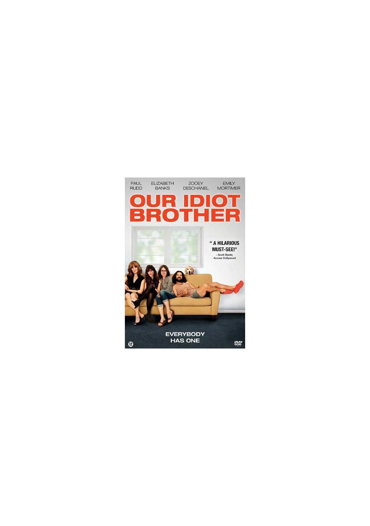 DVD-hoes van 'Our Idiot Brother', met acteurs op een bank. Titel en namen staan erop.