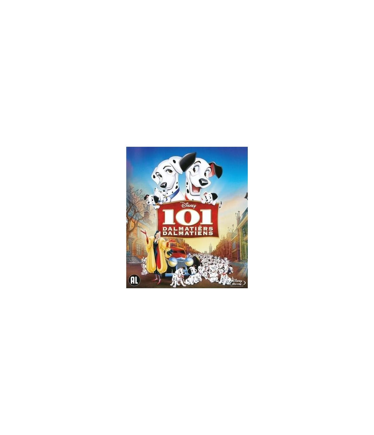 La couverture de '101 Dalmatiens' présente deux chiots dalmatiens et Cruella De Vil en robe jaune.