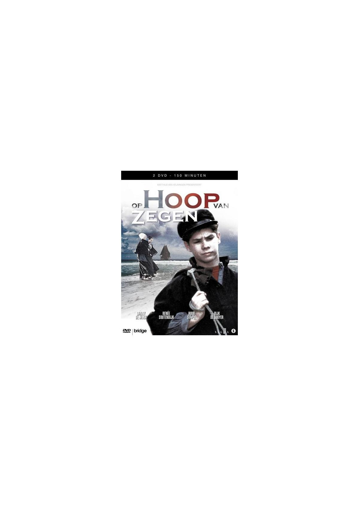 DVD-hoes 'Of Hoop Van Zegen' met een jongen en een persoon op het strand.