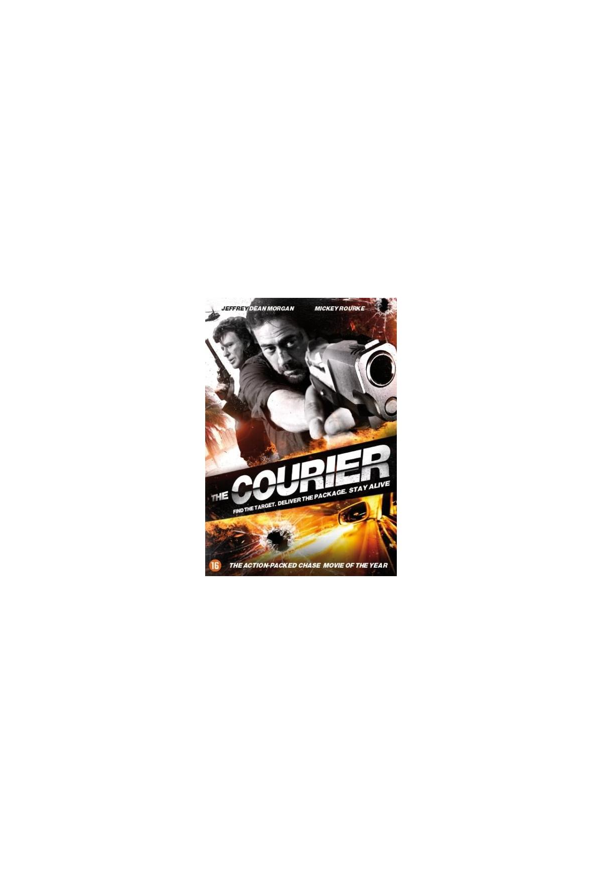 DVD-hoes: The Courier, twee mannen met wapens. Actiefilm-poster. Gele en zwarte achtergrond.