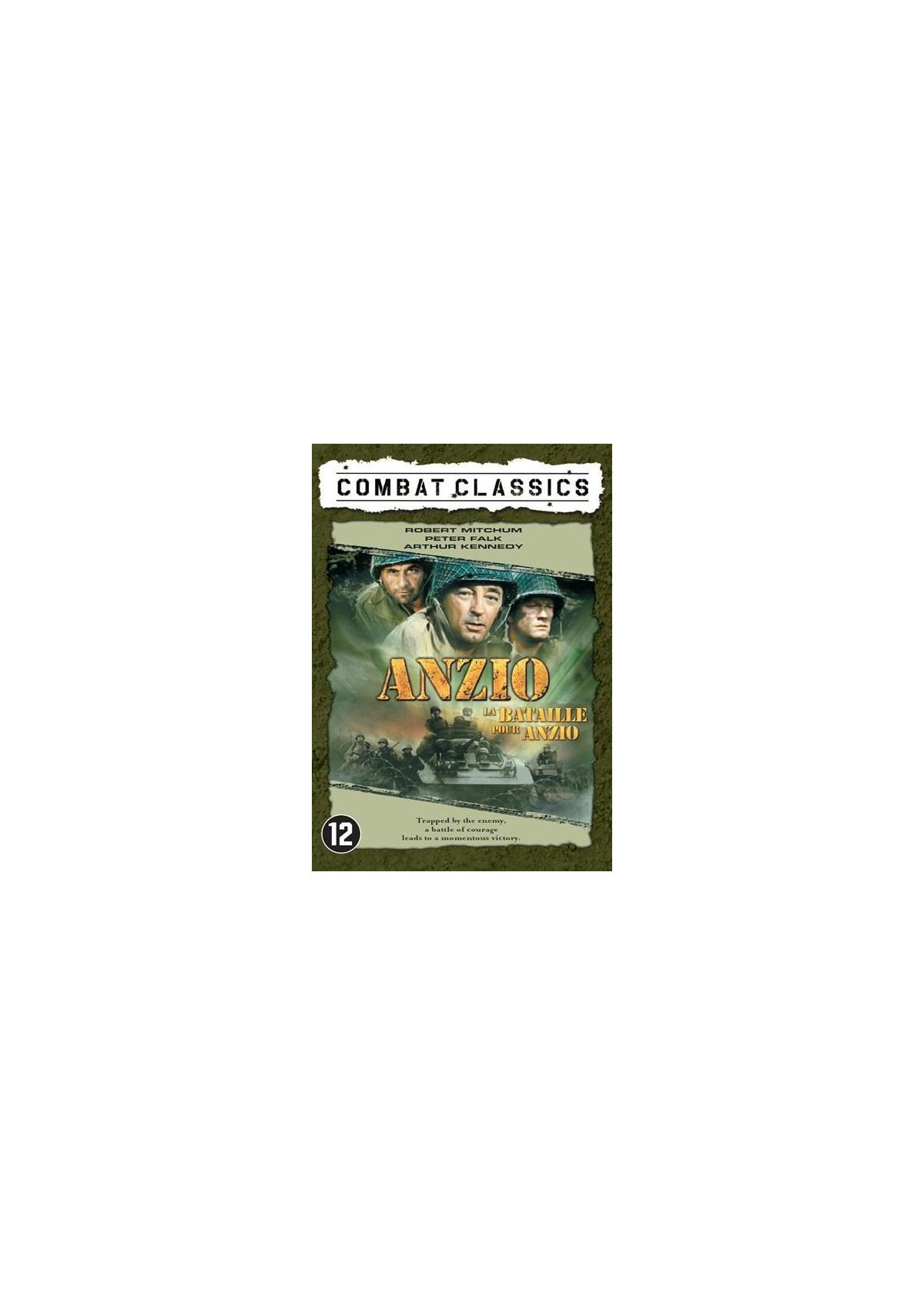 DVD-hoes voor 'Anzio', met soldaten en een tank. Tekst: 'Combat Classics'.