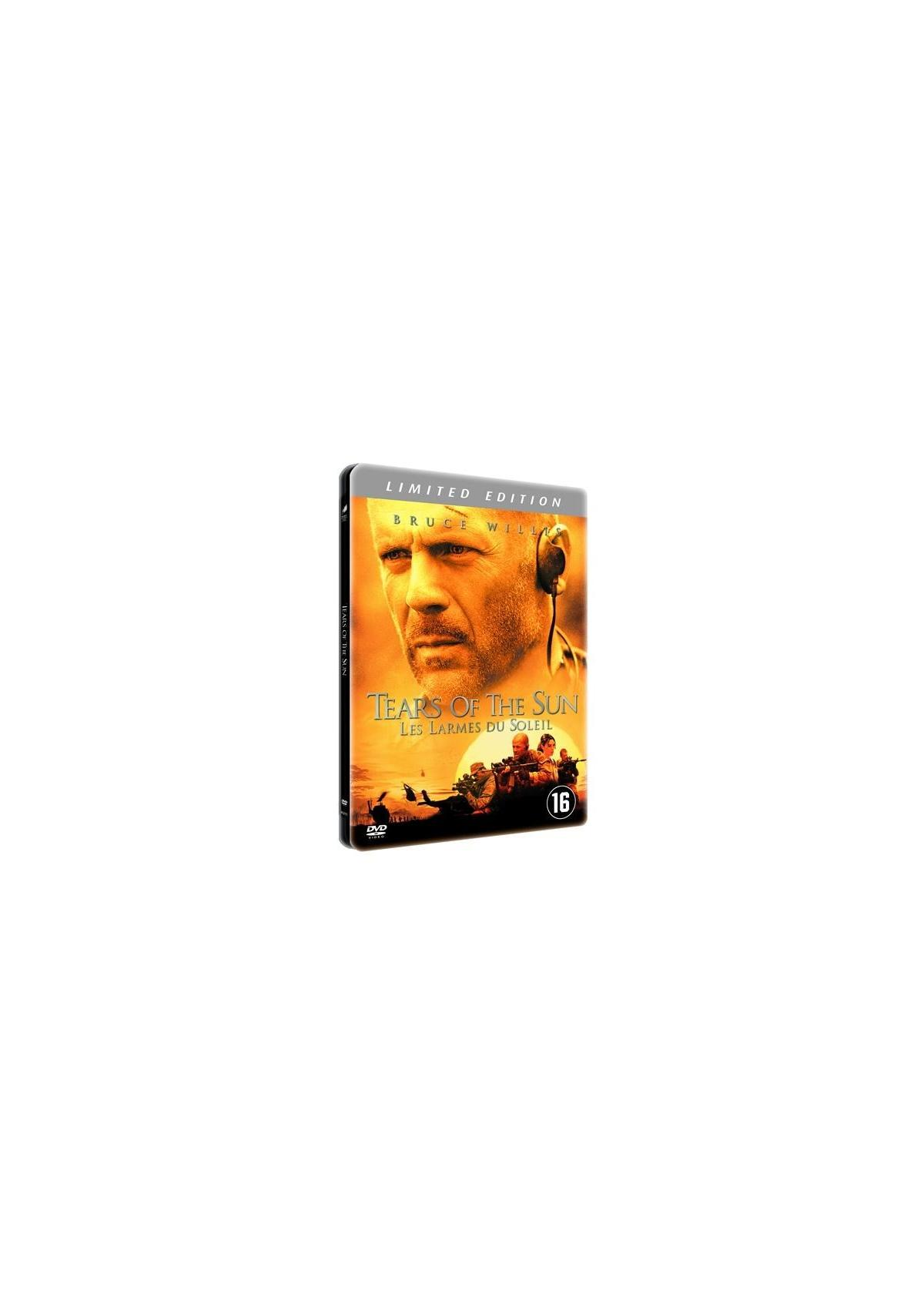 Pochette de DVD de 'Les Larmes du Soleil' avec Bruce Willis, un bateau avec des gens.