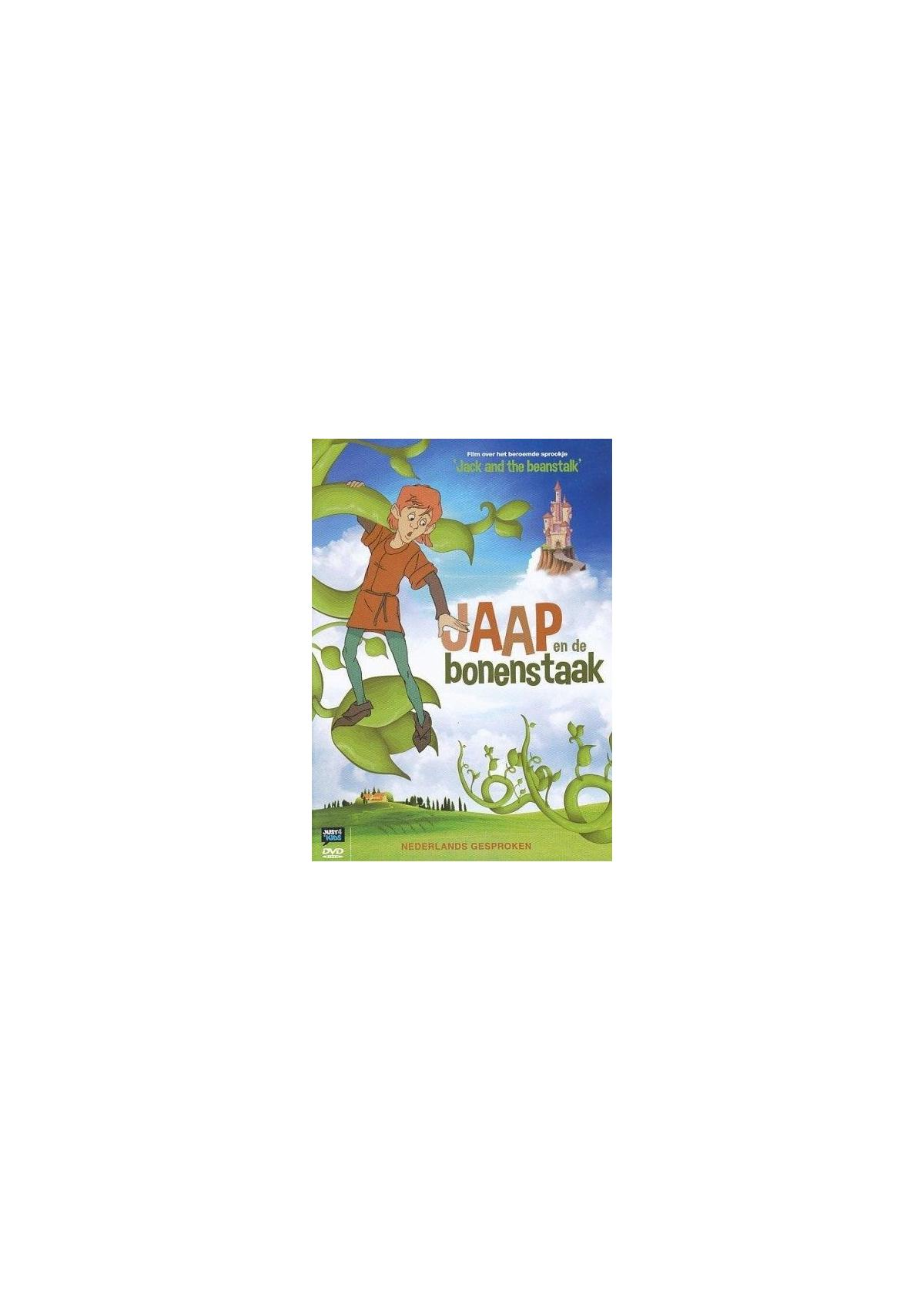 Affiche de film néerlandaise 'Jaap en de bonenstaak'. Un garçon sur une tige de haricot. Le titre est en néerlandais.