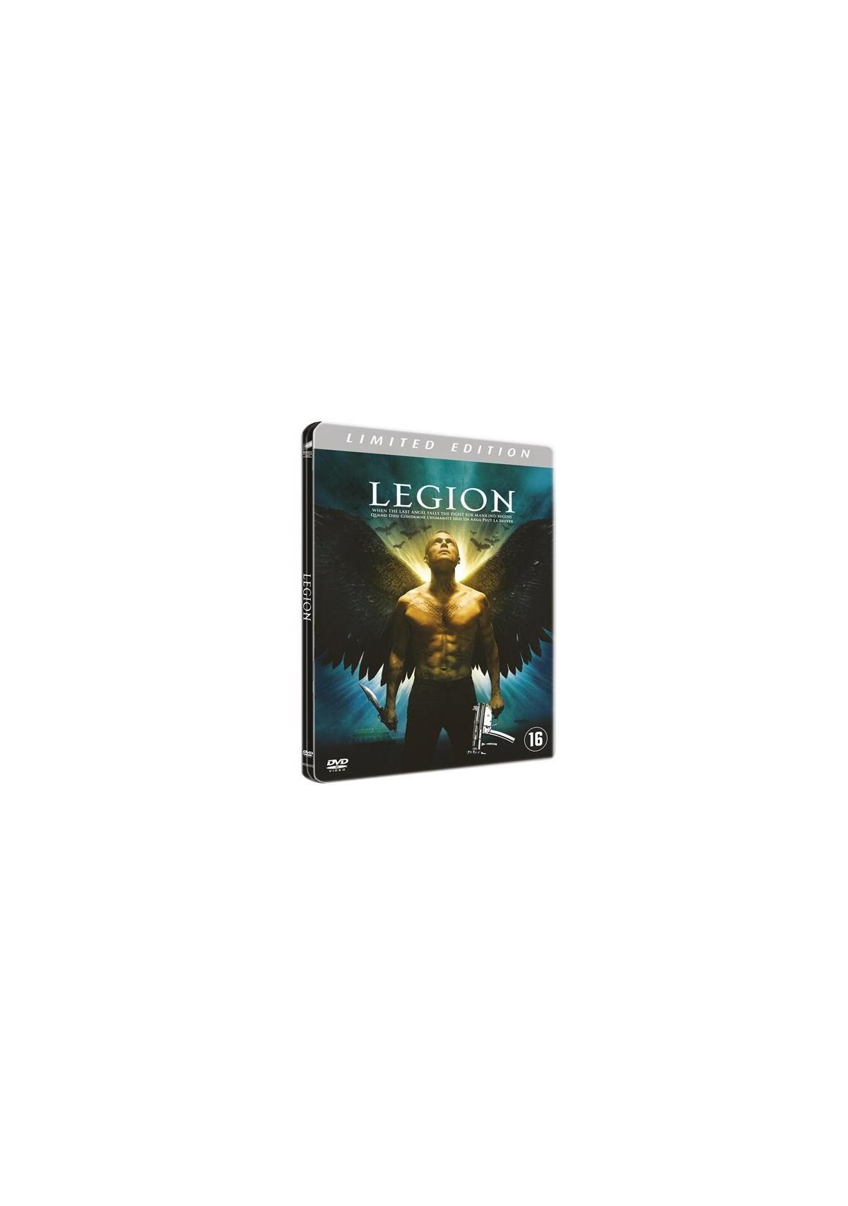 Couverture du DVD "Legion" avec un homme avec des ailes, tenant une arme.