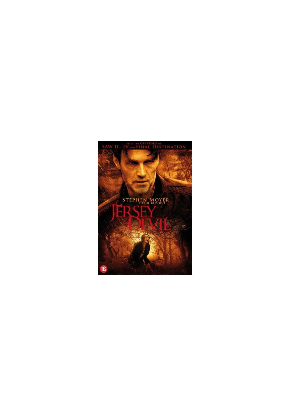 Jersey Devil DVD-cover. Het gezicht van een man is prominent aanwezig en een vrouw bevindt zich in een donker bos.