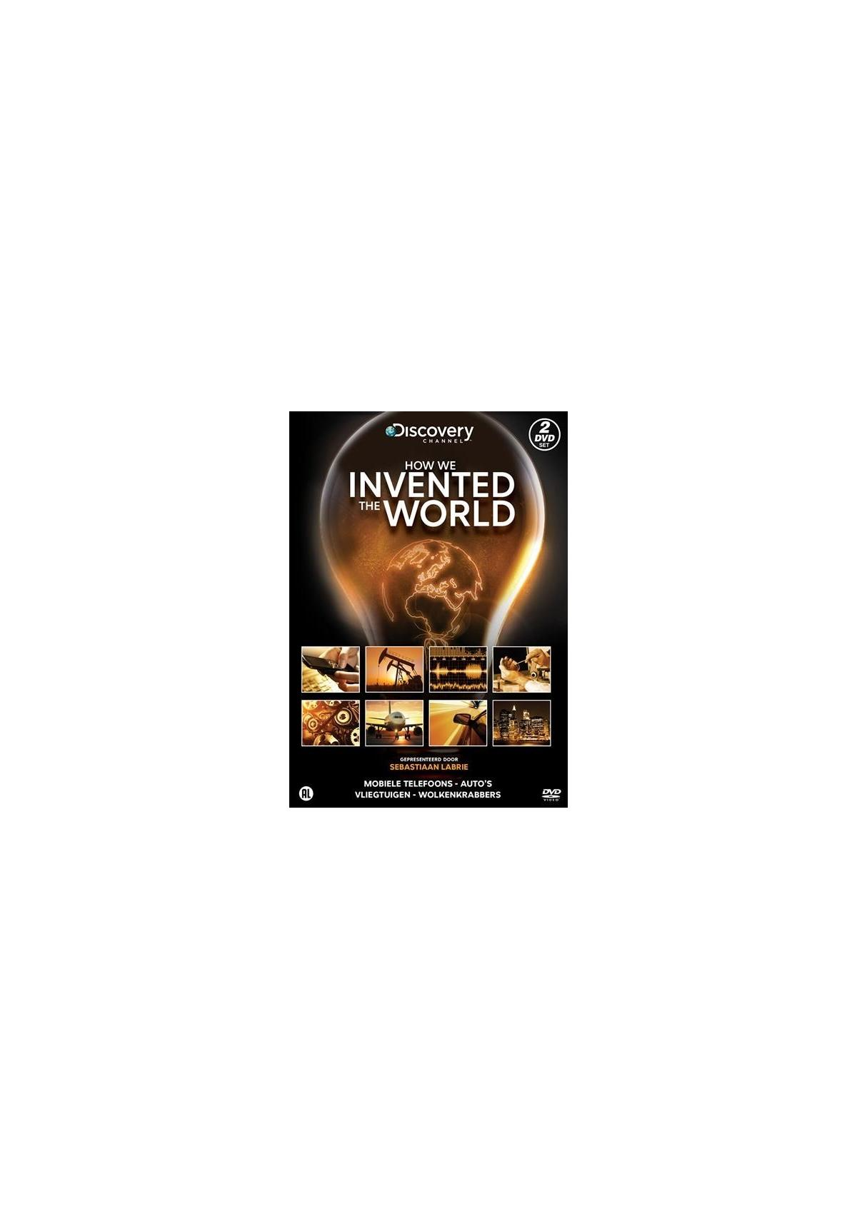 De cover van 'How We Invented the World' toont een gloeilamp met een wereldbol erin en afbeeldingen eronder.
