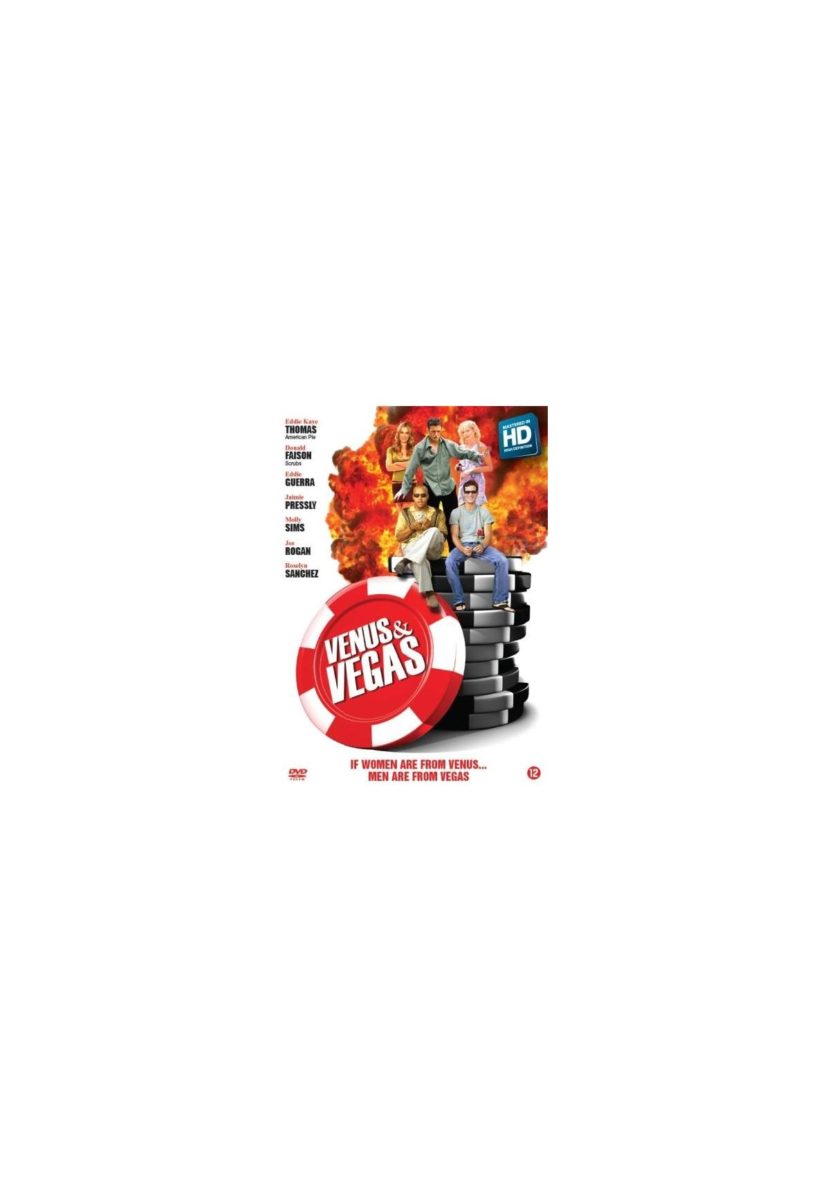 Couverture du film 'Venus vs. Vegas'. Comprend des hommes, un jeton de casino rouge et une pile de jetons. Classé 12.