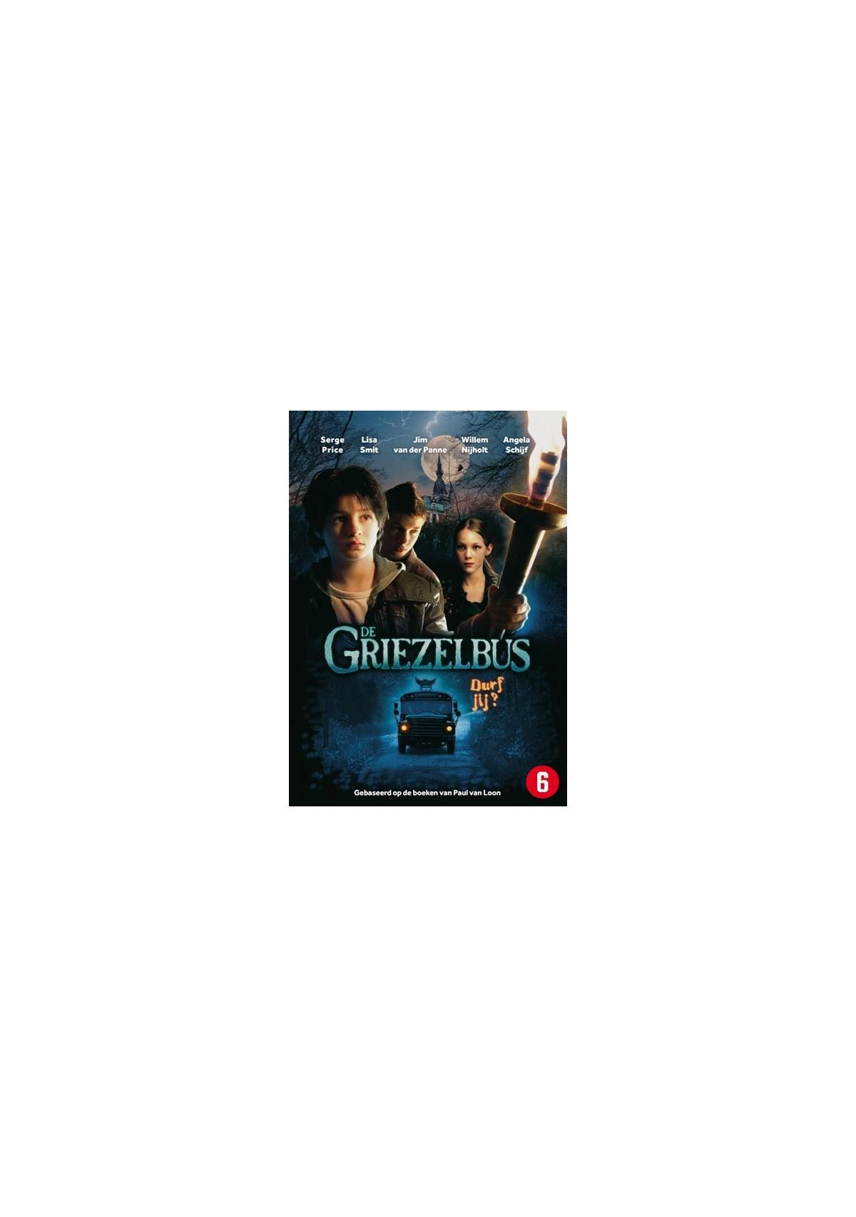 Affiche du film De Griezelbus avec des enfants, un bus et un fond effrayant.